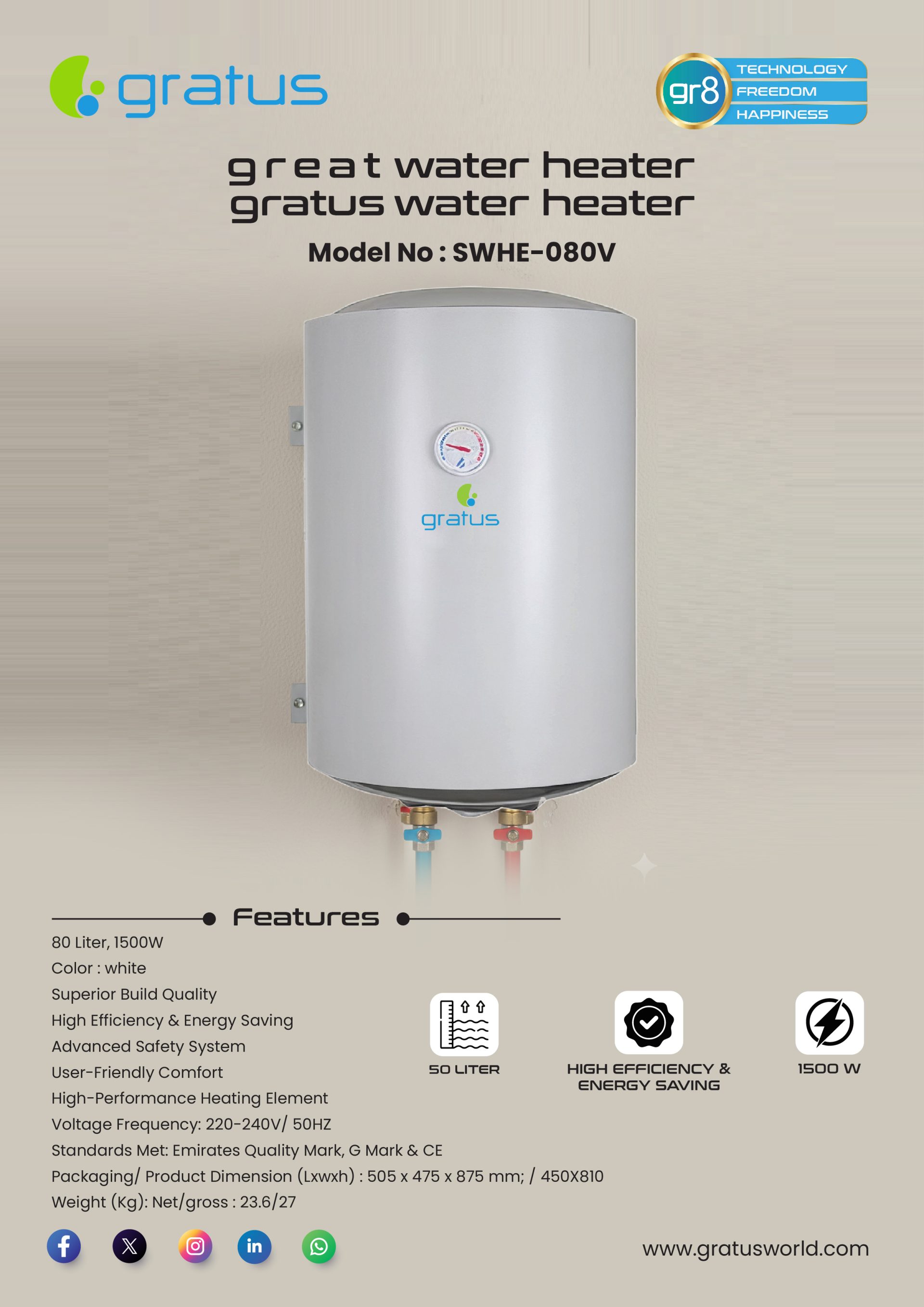 Gratus 80L Vertical Electric Water Heater, 1500W, Glass Enamel Tank, White – Model SWHE-080V
