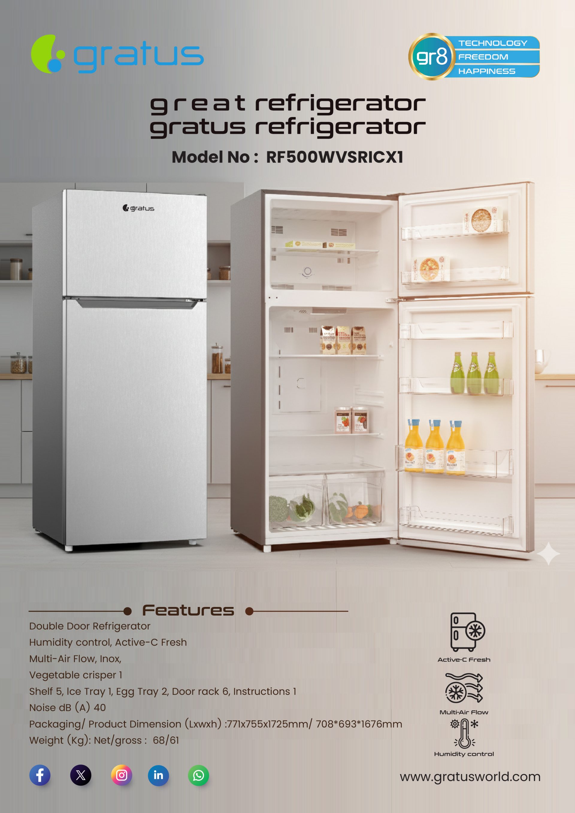 Gratus Golden Fresh Technology Convertible Frost Free Double Door with humidity control, Active-C Fresh, Multi-Air Flow, Inox, Model-RF500WVSRICX1