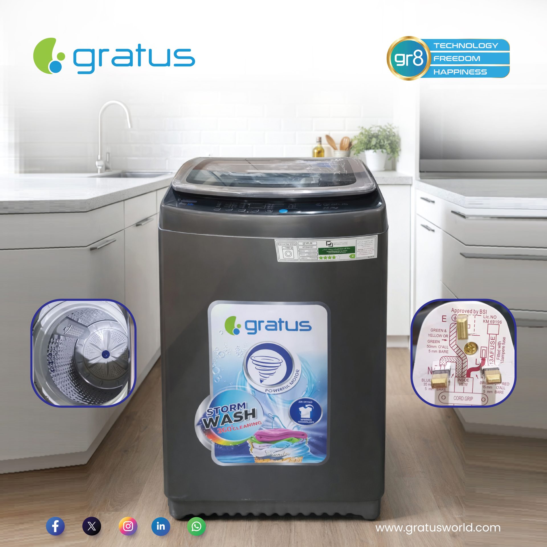 Gratus 22 KG Fully Automatic Top Load Washing Machine | 10 Wash Programs | Active Wash System | Stain Master Technology | Transparent Glass Lid | GFT22AKCDX1