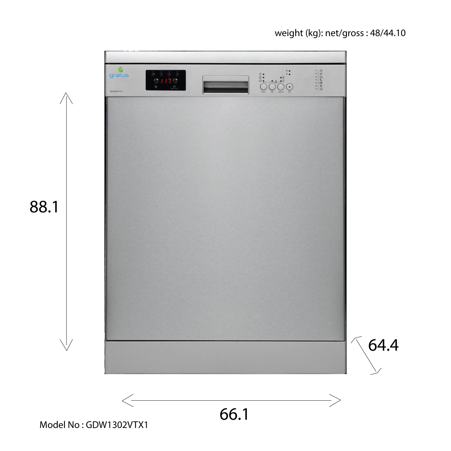 Gratus 13 Place Setting Dishwasher | 7 Programs | Energy Efficient | Inox | GDW1302VTX1