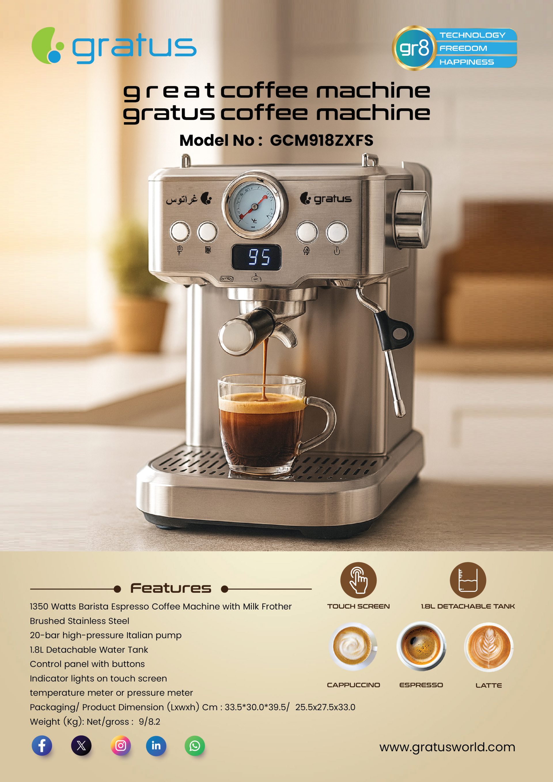 Gratus 20 Bar Espresso Coffee Machine | 1350W | Italian Pump | 1.8L Water Tank | GCM918EXFS