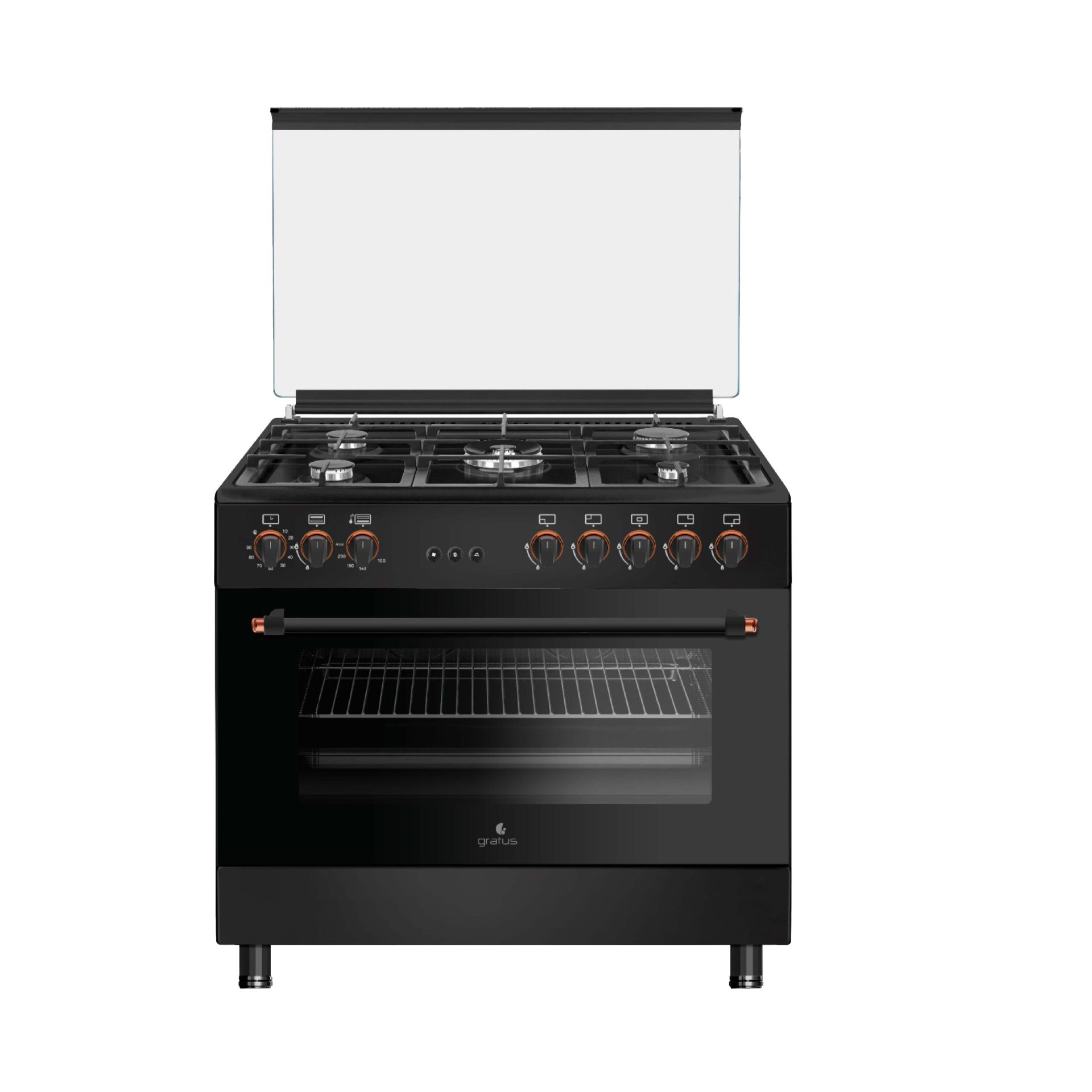 Gratus 90 X 60 cm Free Standing Full Safety Cooker (Black), Made in Turkey, Top 5 Gas Pool Burners, Internal Cooling Fan System, Cast Iron, 1 year warranty, Model- GGR951F1BS2