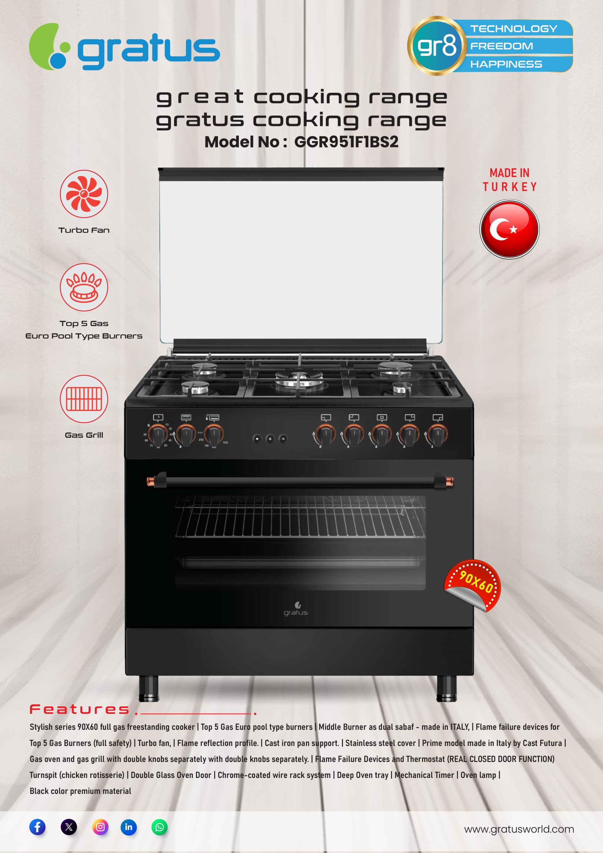 Gratus 90 X 60 cm Free Standing Full Safety Cooker (Black), Made in Turkey, Top 5 Gas Pool Burners, Internal Cooling Fan System, Cast Iron, 1 year warranty, Model- GGR951F1BS2