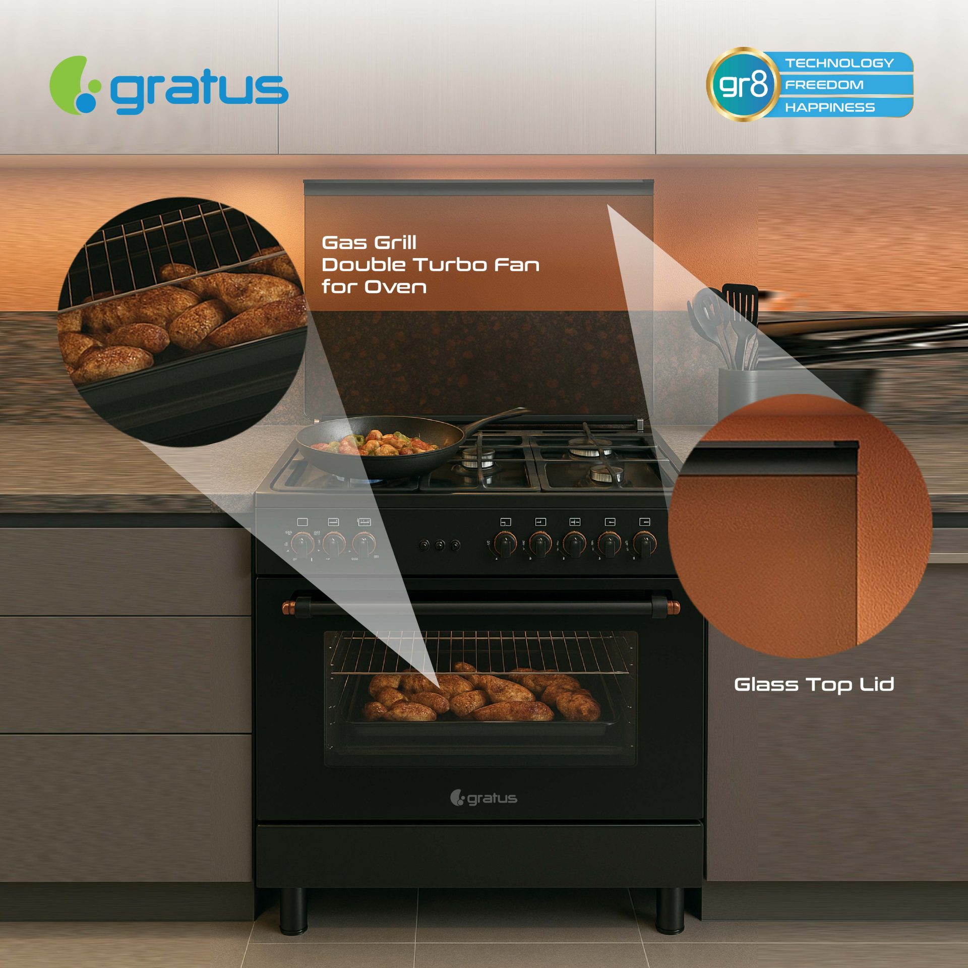 Gratus 90 X 60 cm Free Standing Full Safety Cooker (Black), Made in Turkey, Top 5 Gas Pool Burners, Internal Cooling Fan System, Cast Iron, 1 year warranty, Model- GGR951F1BS2