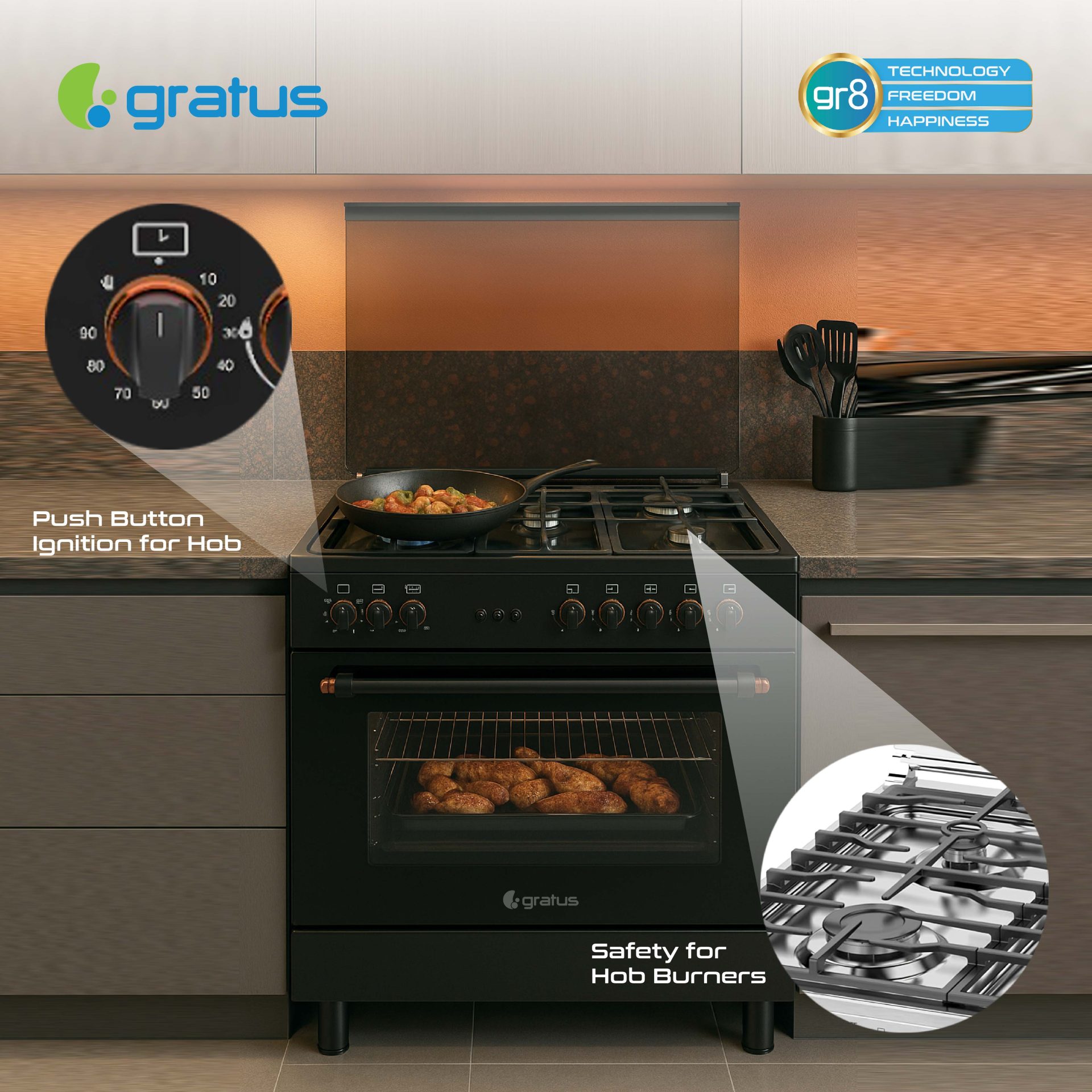 Gratus 90 X 60 cm Free Standing Full Safety Cooker (Black), Made in Turkey, Top 5 Gas Pool Burners, Internal Cooling Fan System, Cast Iron, 1 year warranty, Model- GGR951F1BS2