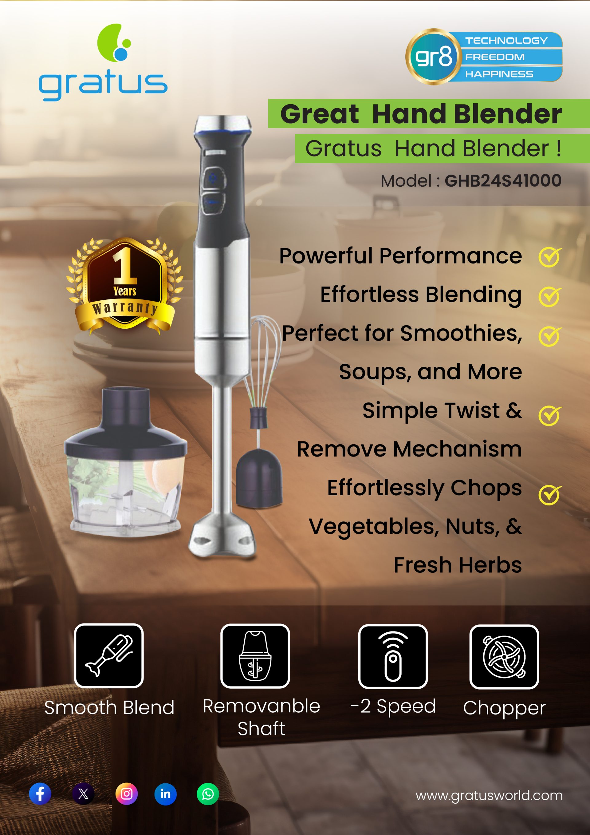 Gratus 1500W 4-in-1 Hand Blender with Chopper, Egg Whisk & Beater | Model GHB24S41000