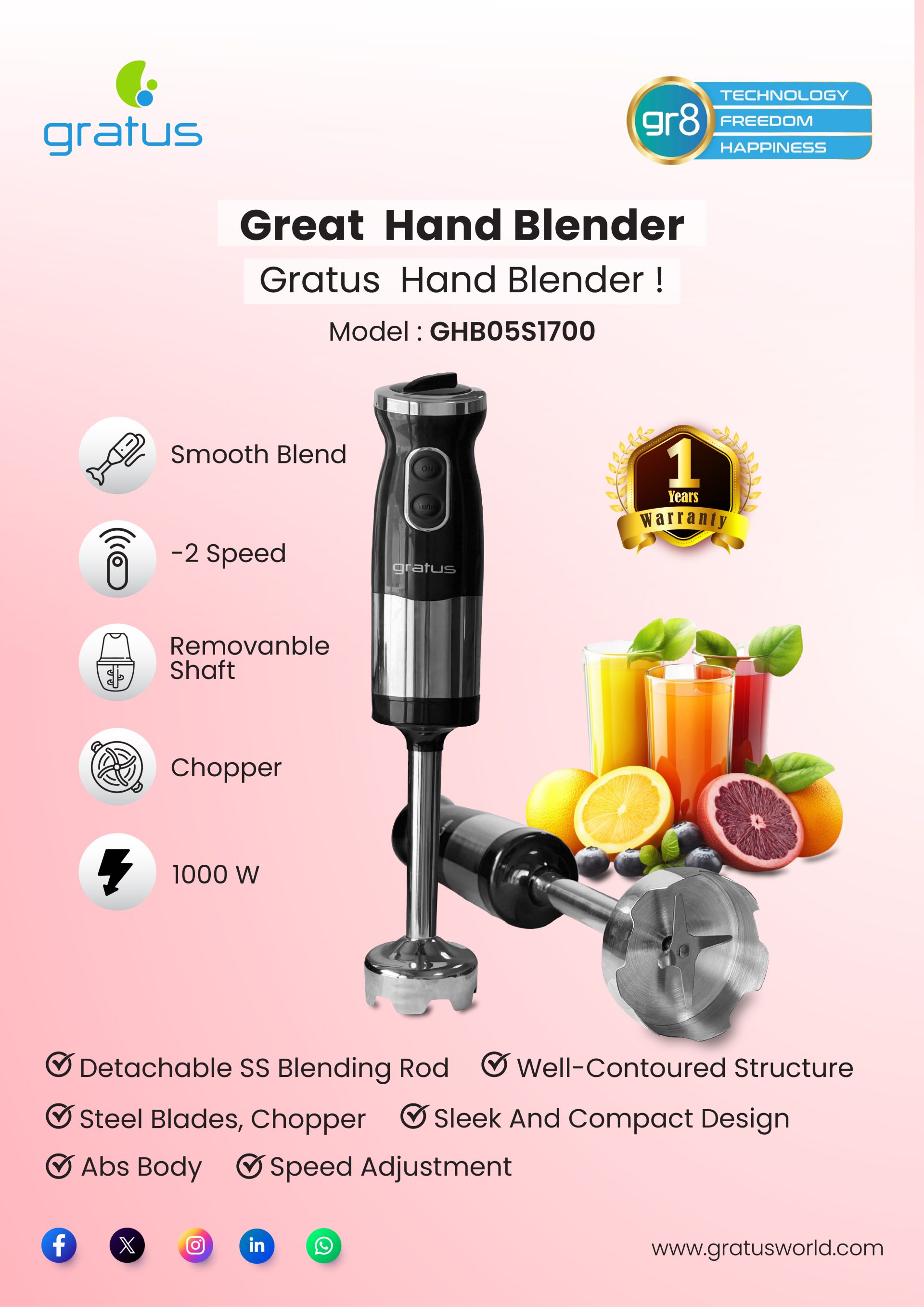 Gratus 1000W Hand Blender with Detachable Stainless Steel Rod | Model GHB05S1700