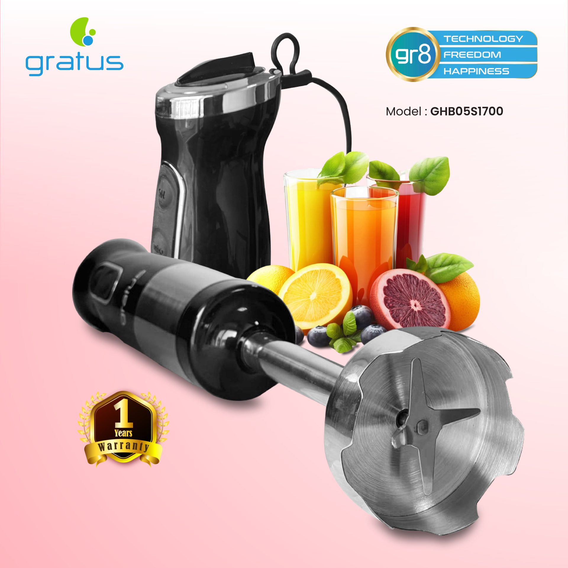 Gratus 1000W Hand Blender with Detachable Stainless Steel Rod | Model GHB05S1700