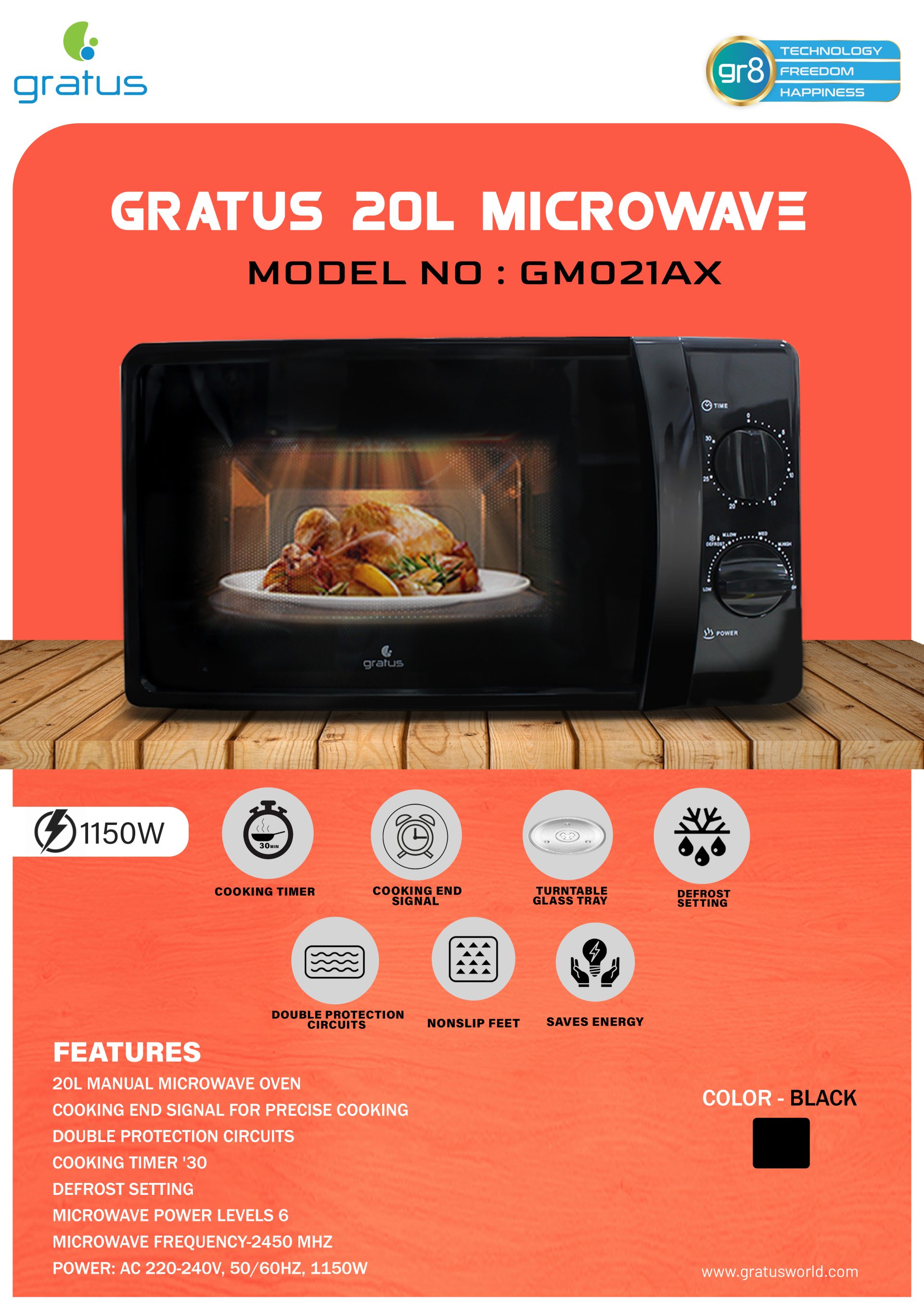 Gratus Solo Microwave Oven with Full Glass Door, 20L, 1150W, Dual Dial Control, Black | Model GM021AX