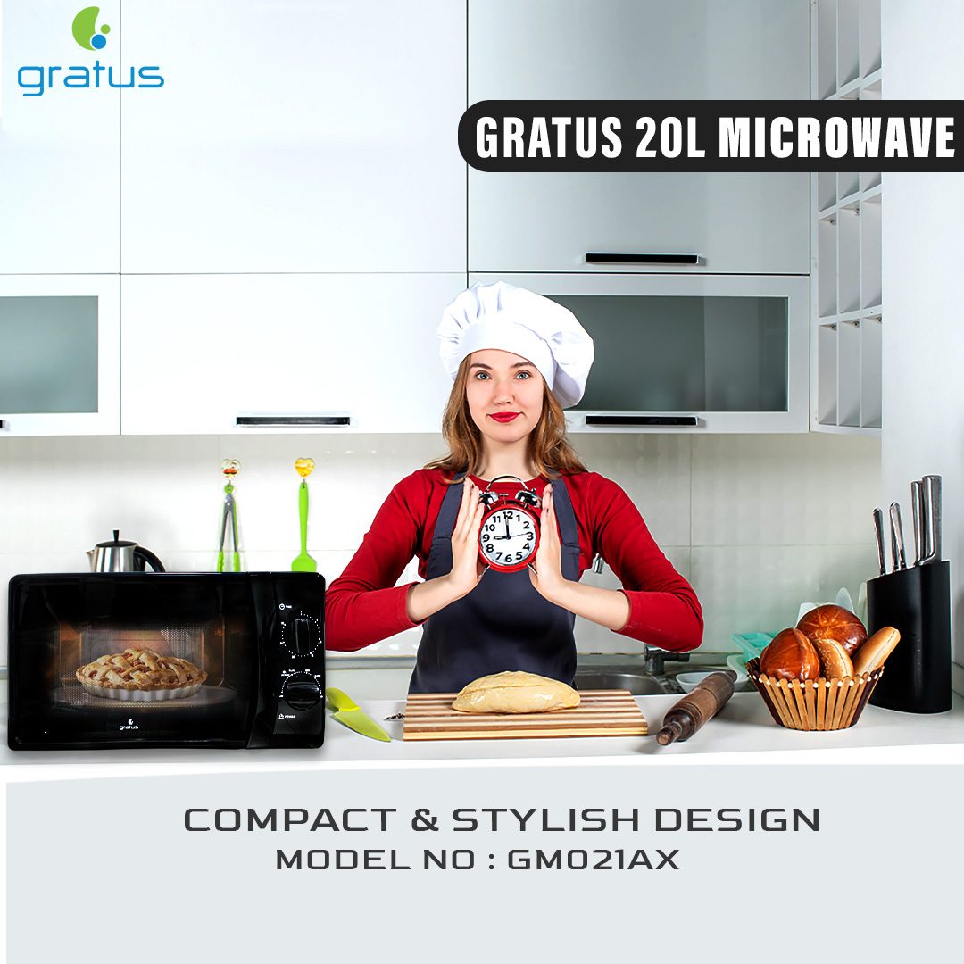Gratus Solo Microwave Oven with Full Glass Door, 20L, 1150W, Dual Dial Control, Black | Model GM021AX
