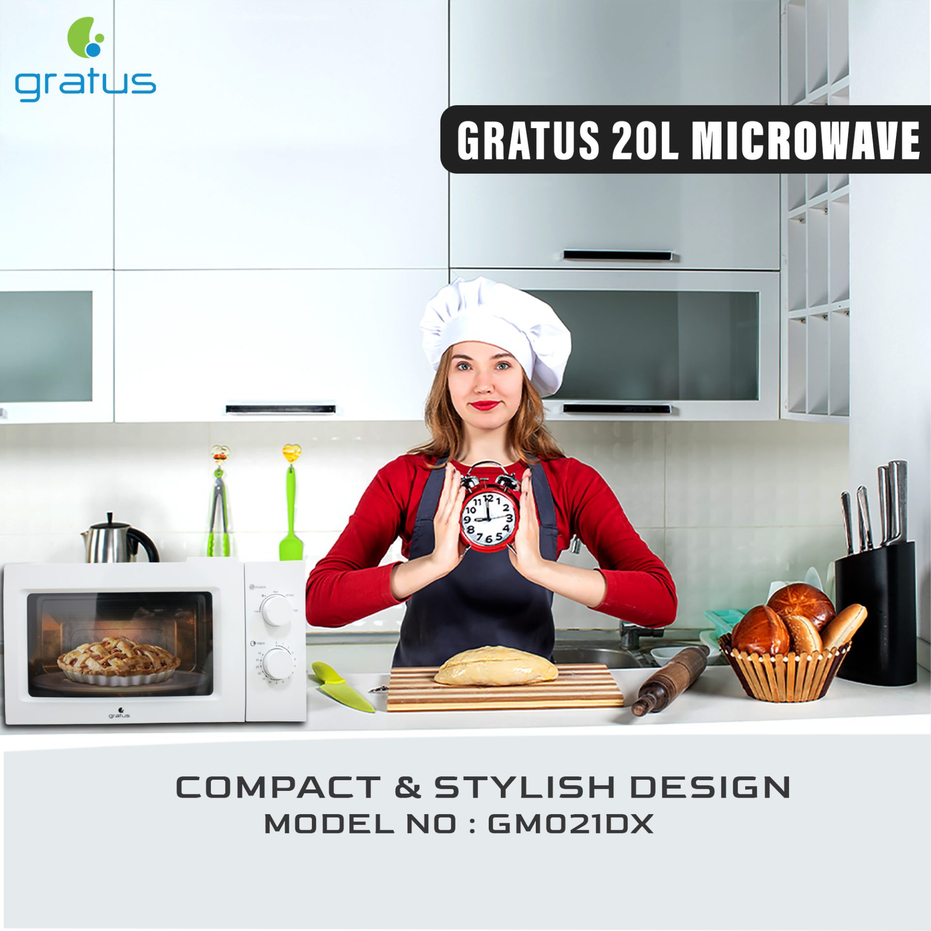 Gratus Solo Microwave Oven with Full Glass Door, 20L, 1100W, Dual Dial Control, Defrost Function, White, 1-Year Warranty, Model - GM021DX
