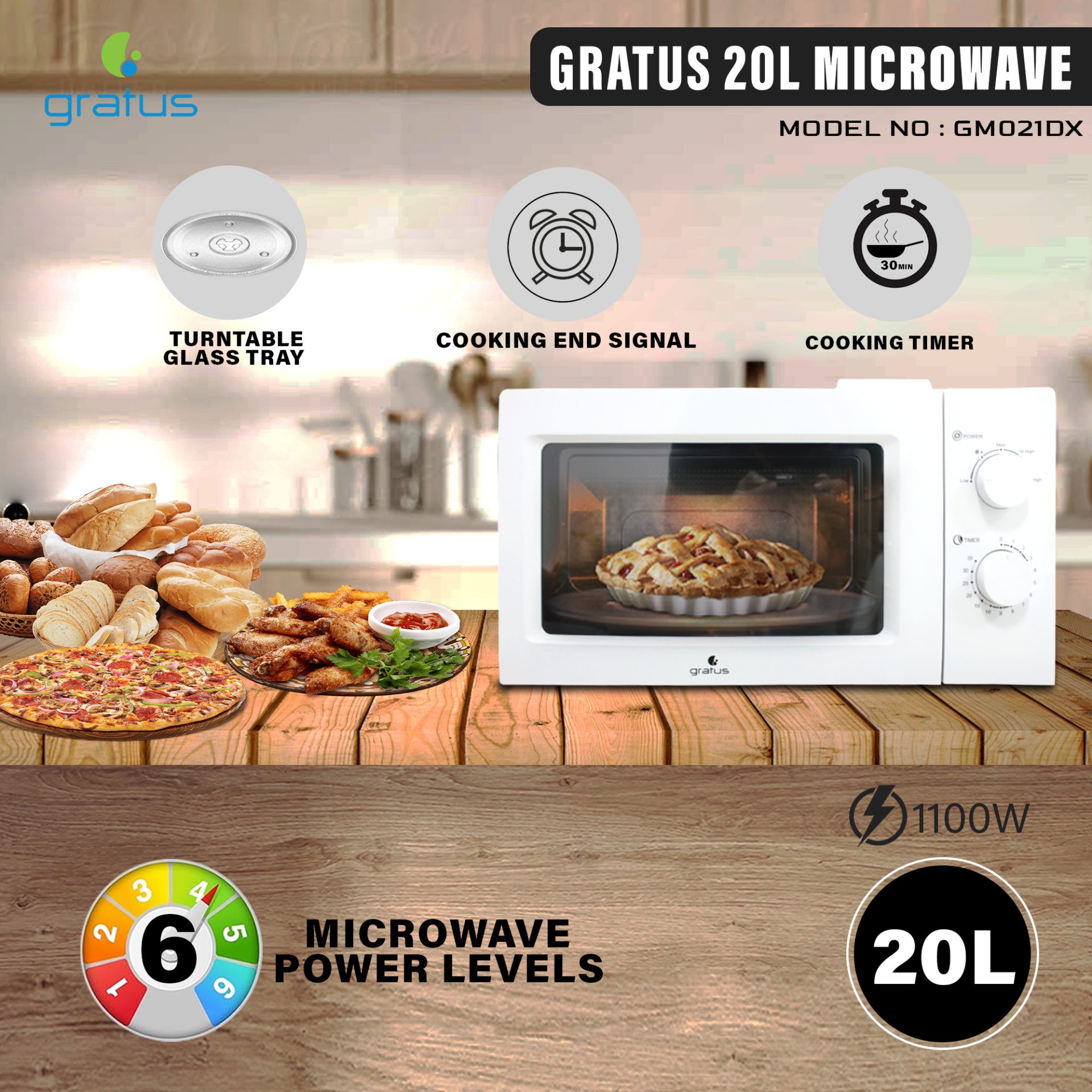 Gratus Solo Microwave Oven with Full Glass Door, 20L, 1100W, Dual Dial Control, Defrost Function, White, 1-Year Warranty, Model - GM021DX