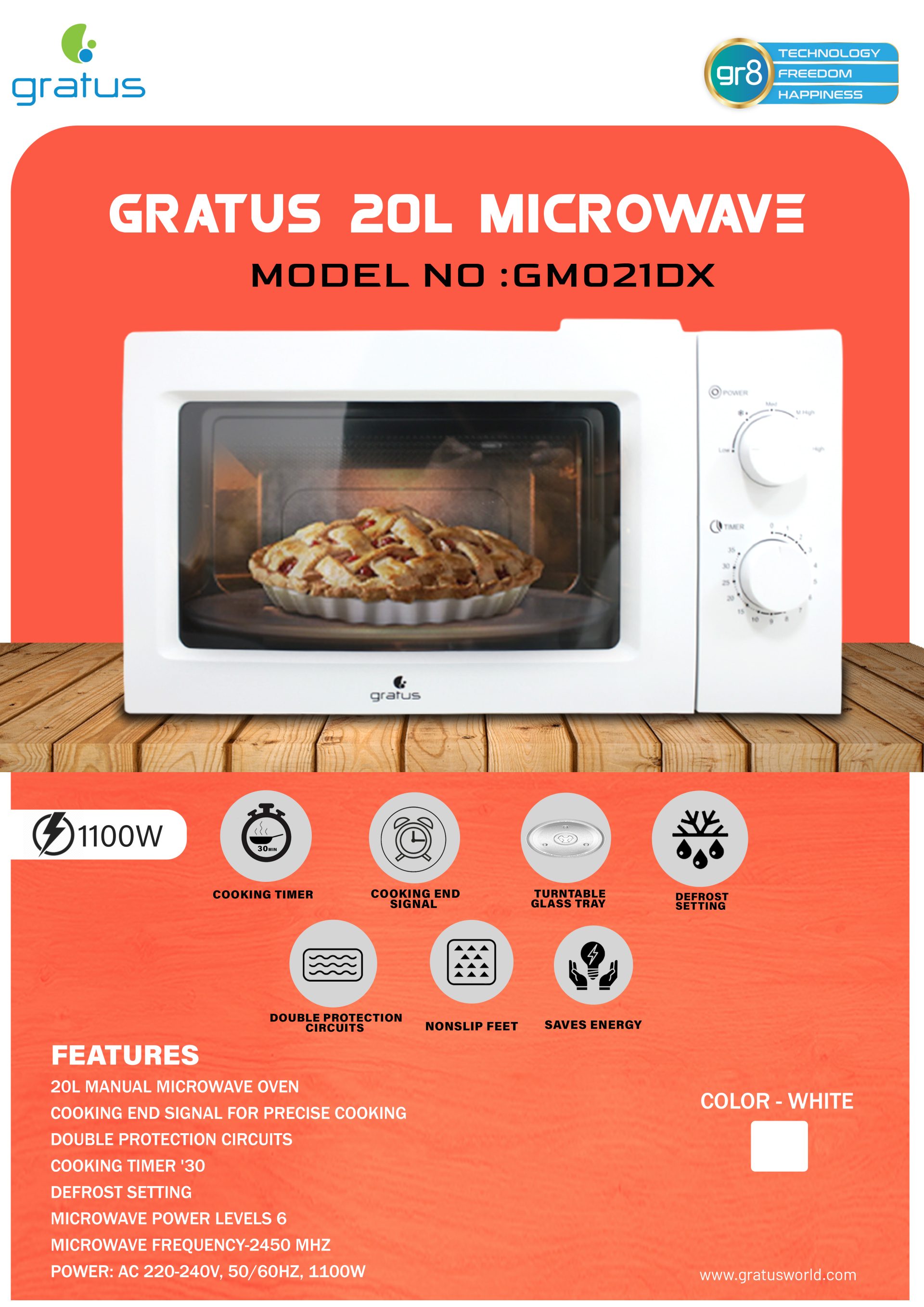 Gratus Solo Microwave Oven with Full Glass Door, 20L, 1100W, Dual Dial Control, Defrost Function, White, 1-Year Warranty, Model - GM021DX
