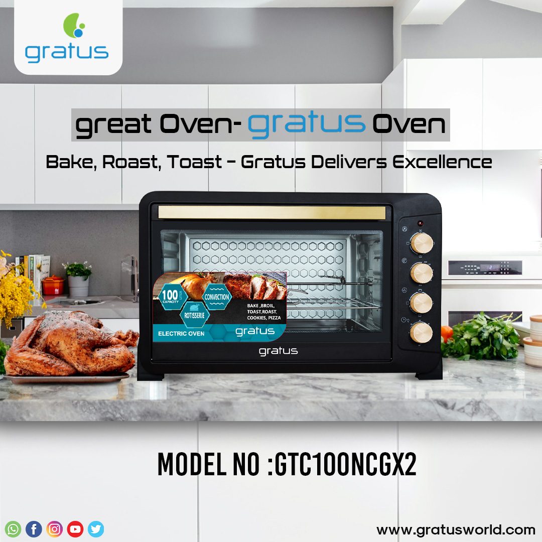 Gratus 100L Electric Oven Toaster Grill with Rotisserie, 2800W, Temperature Control, 60-Minute Timer, Inner Lamp, 1-Year Warranty, Model - GTC100NCGX2