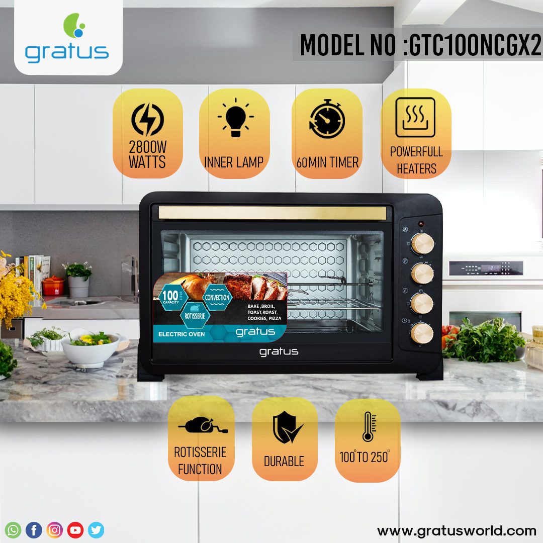 Gratus 100L Electric Oven Toaster Grill with Rotisserie, 2800W, Temperature Control, 60-Minute Timer, Inner Lamp, 1-Year Warranty, Model - GTC100NCGX2