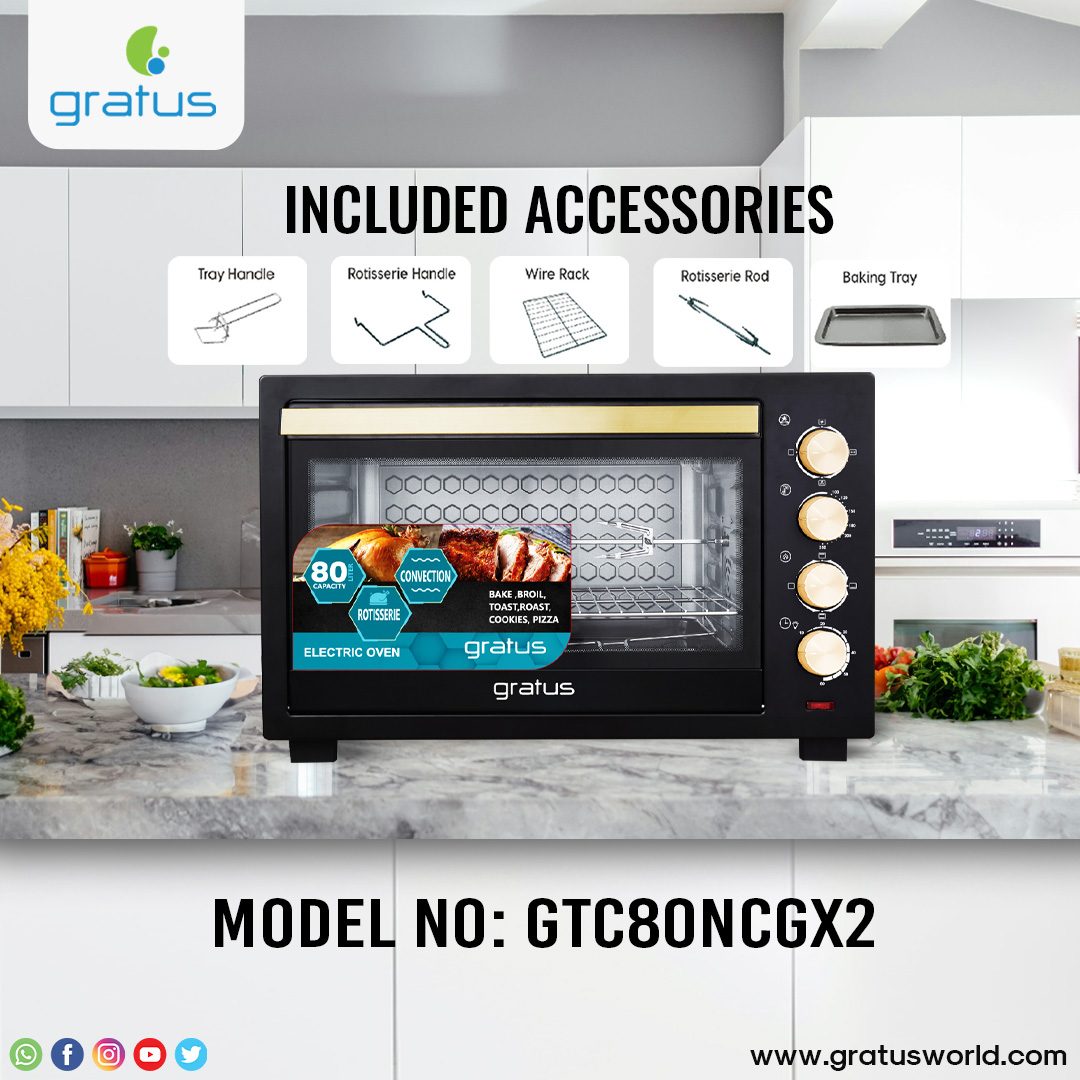 Gratus 80L 2800W Electric Oven Toaster Grill with Rotisserie, Timer & Temperature Control, 1-Year Warranty – Model GTC80NCGX2