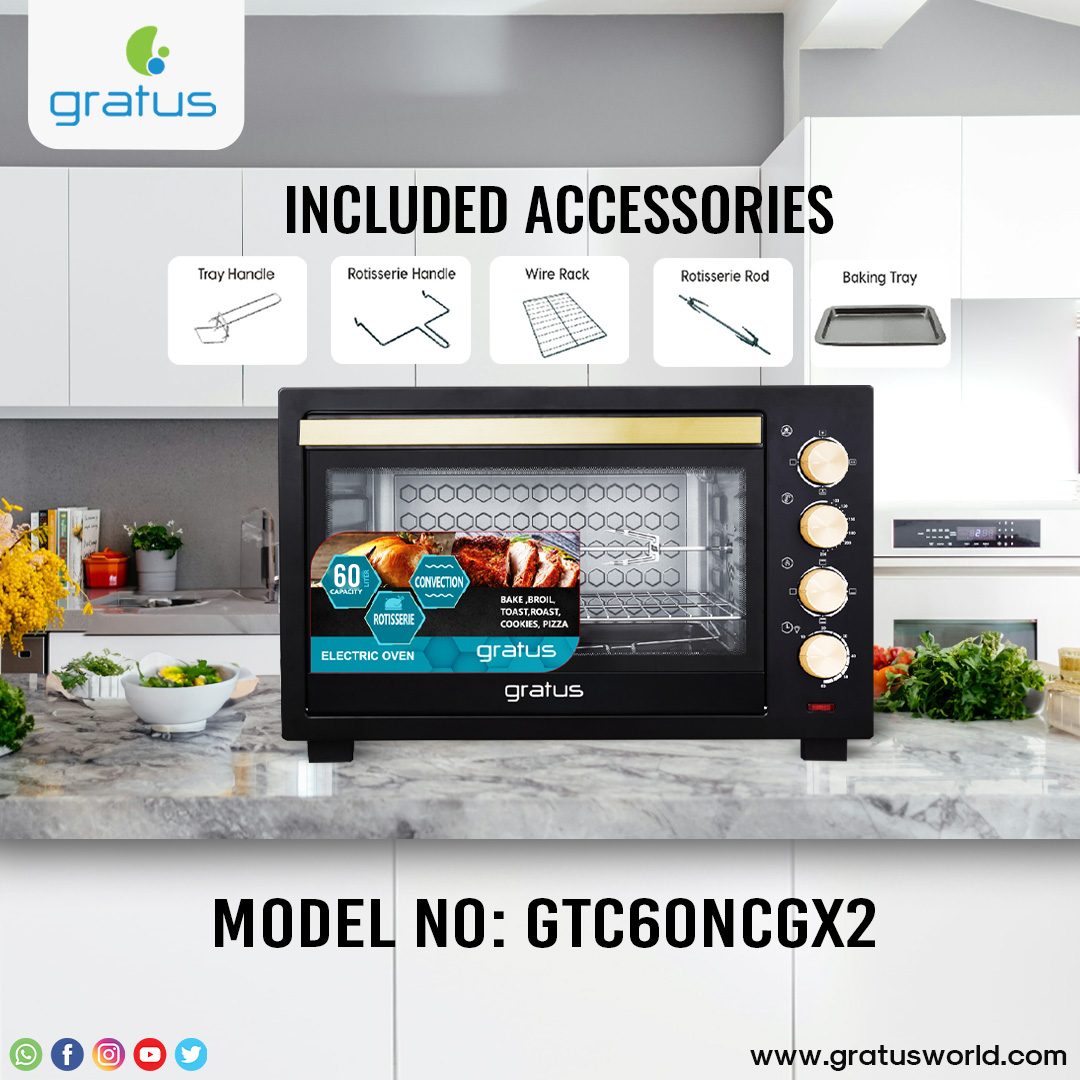 Gratus 60L Electric Oven Toaster Grill 2000W with Rotisserie, Timer & Temperature Control | GTC60NCGX2