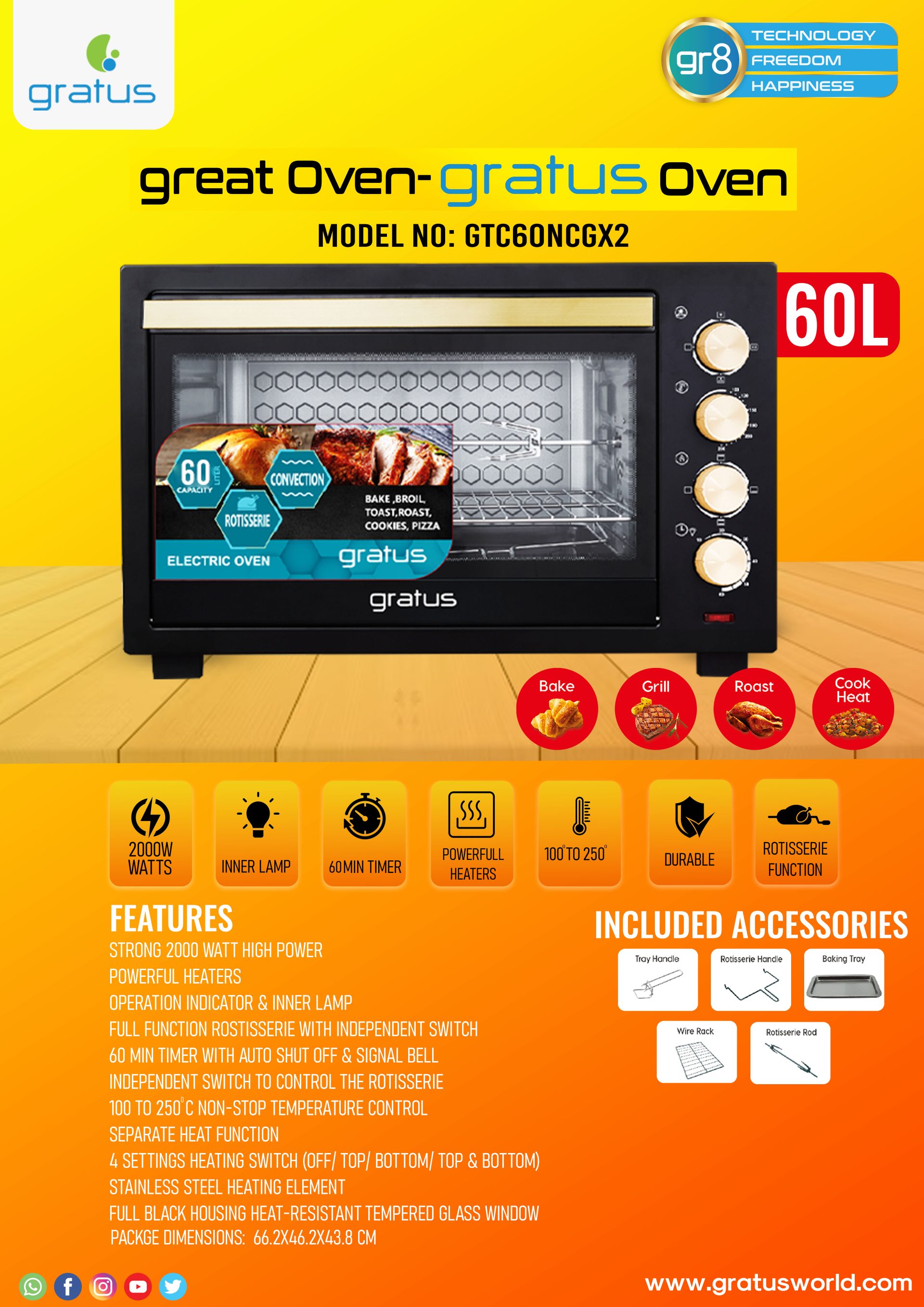 Gratus 60L Electric Oven Toaster Grill 2000W with Rotisserie, Timer & Temperature Control | GTC60NCGX2
