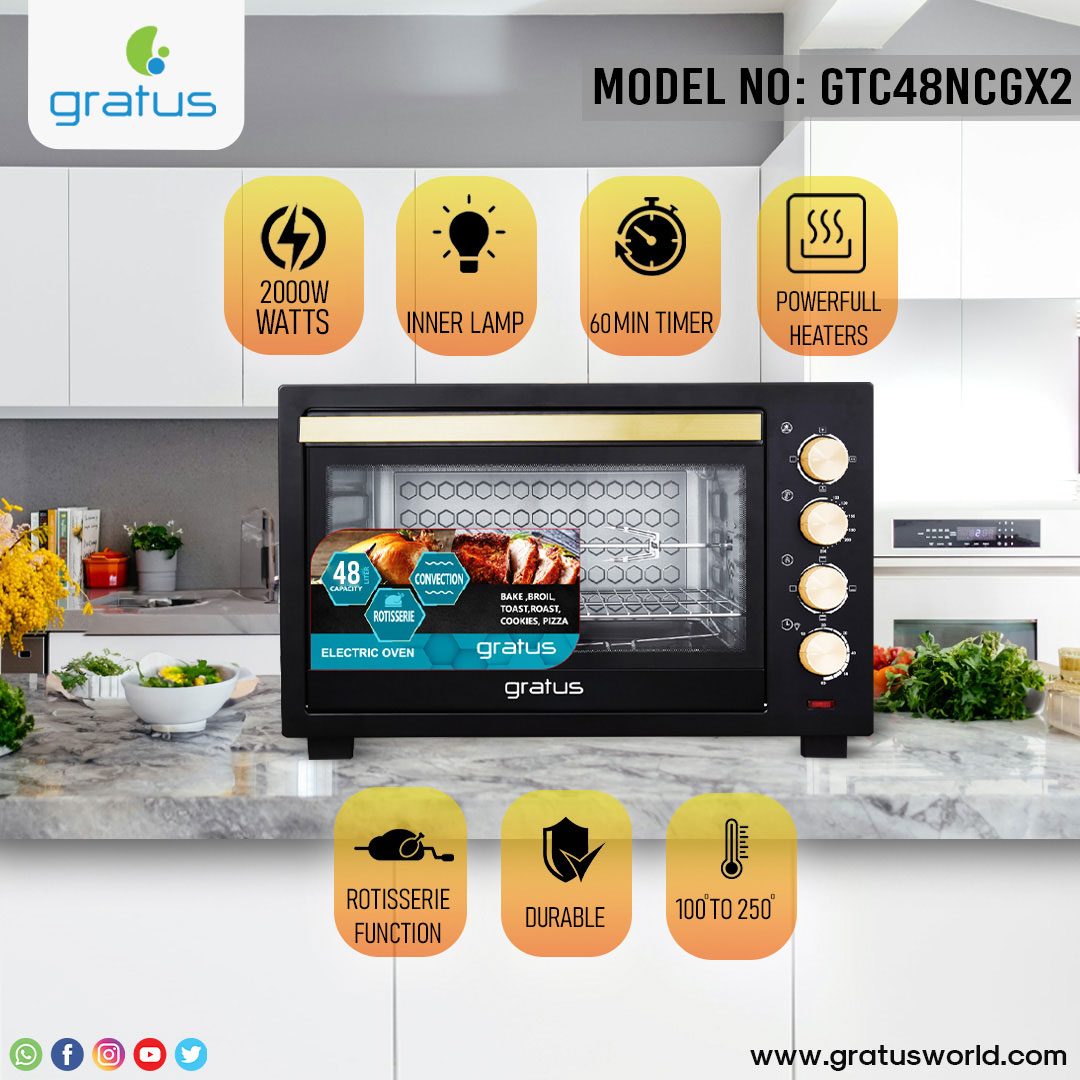 Gratus 48L 2000W Electric Oven Toaster Grill with Rotisserie, Timer & Temperature Control, 1-Year Warranty – Model GTC48NCGX2