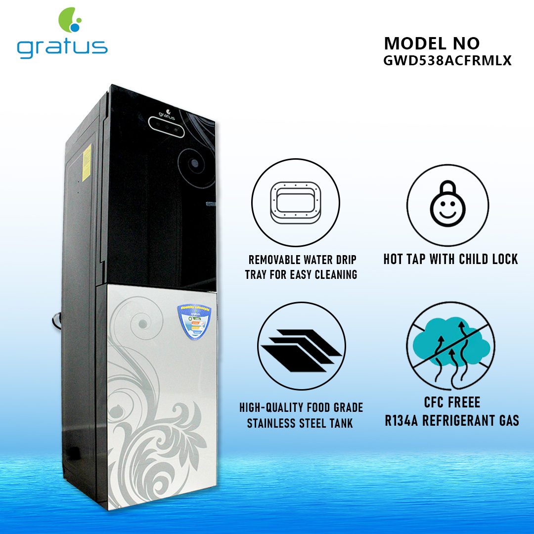 Gratus 3 Tap Floor Standing Top Loading Water Dispenser with Inbuilt Refrigerator | Hot, Cold & Normal Water | 1-Year Full & 2-Year Compressor Warranty | GWD538ACFRMLX