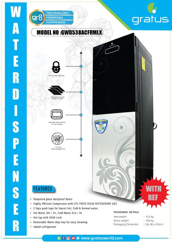 Gratus 3 Tap Floor Standing Top Loading Water Dispenser with Inbuilt Refrigerator | Hot, Cold & Normal Water | 1-Year Full & 2-Year Compressor Warranty | GWD538ACFRMLX