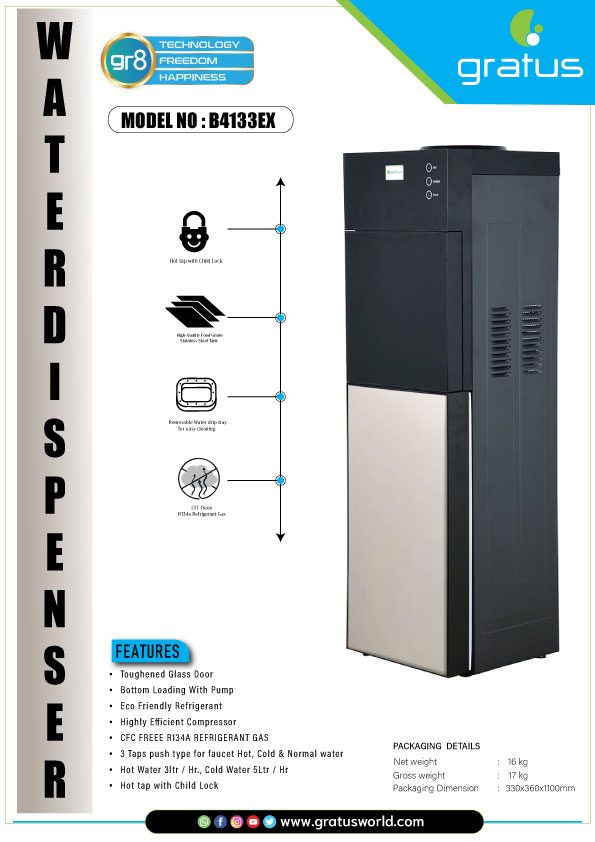 Gratus Bottom Loading Floor Standing Water Dispenser with Refrigerator | Hot, Cold & Normal Water | 1-Year Full & 2-Year Compressor Warranty | B4133EX