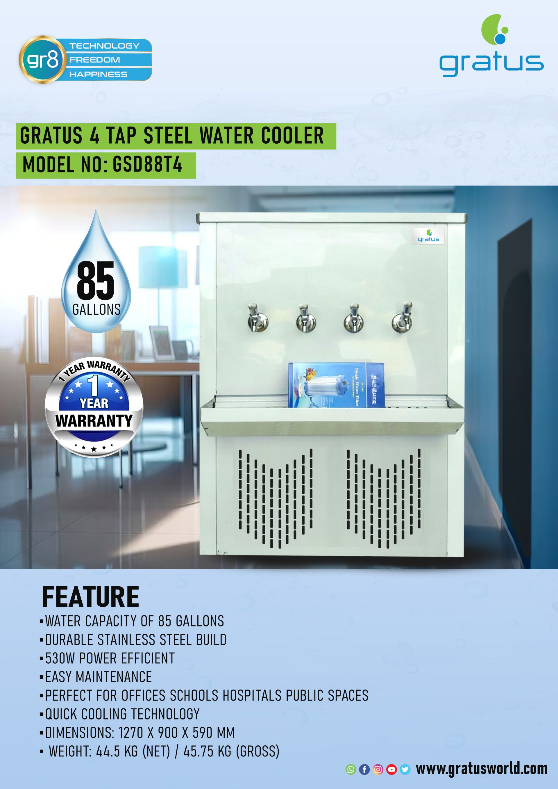 Gratus 4 Taps, 85 gallons Steel Water Cooler 1 Year Warranty, Model- GSD88T4