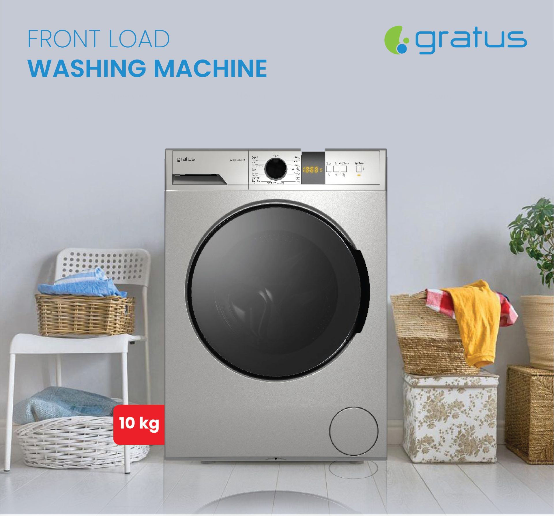 Gratus 10Kg Front Load Washing Machine, 1400 RPM, 15 Wash Programs, Inverter Motor, Digital Display, Inox, 1-Year Warranty – Model WFD1052WEVTX