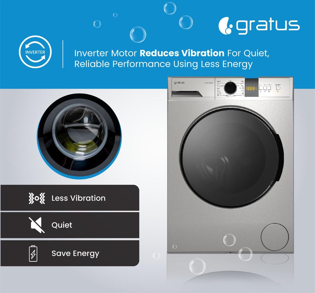 Gratus 10Kg Front Load Washing Machine, 1400 RPM, 15 Wash Programs, Inverter Motor, Digital Display, Inox, 1-Year Warranty – Model WFD1052WEVTX