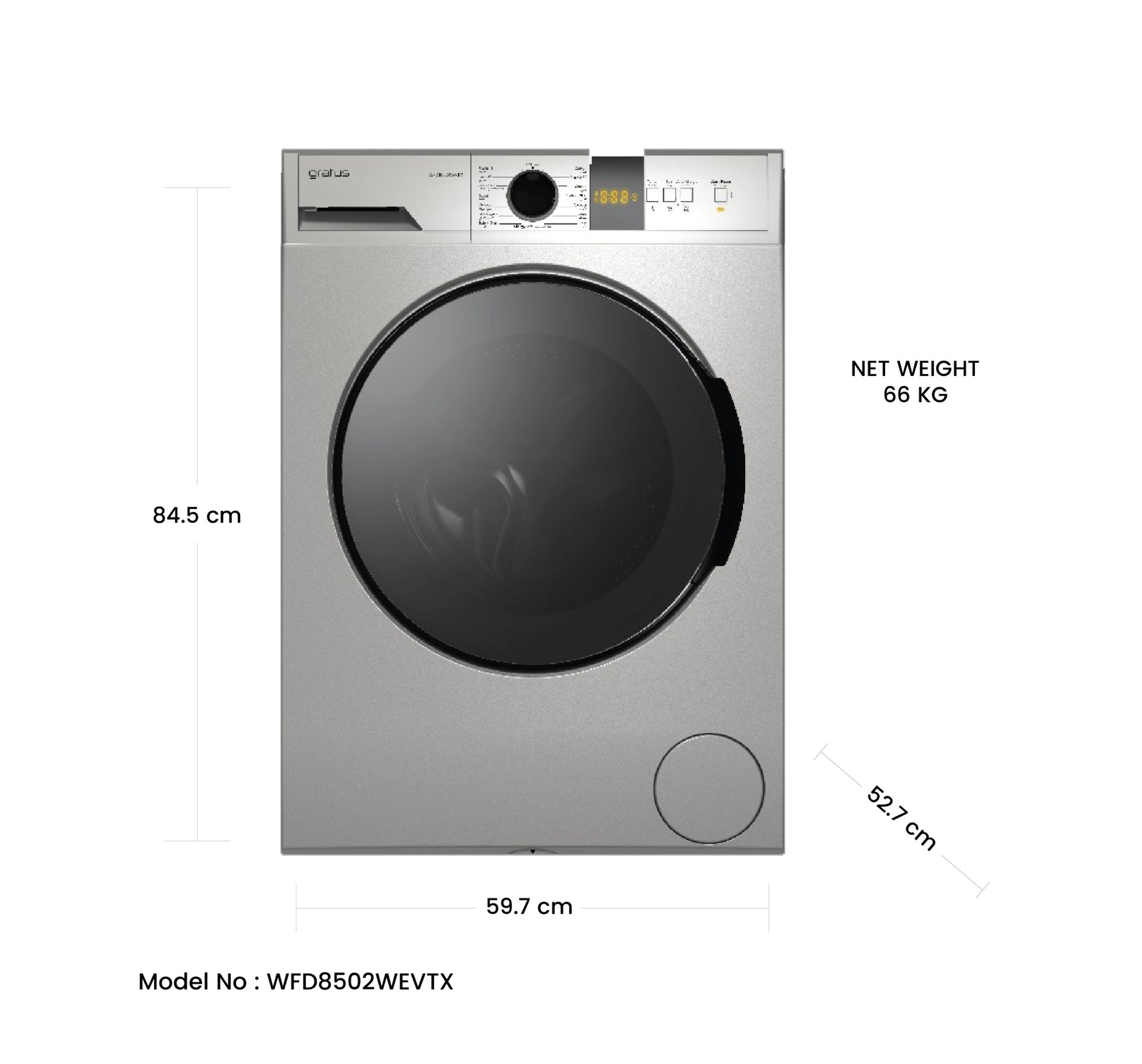 Gratus 8 KG Front Load Washing Machine 1400 RPM & 15 Programs, Digital Display, Inverter Motor, inox silver, 1 Year Full Warranty, Model - WFD8502WEVTX