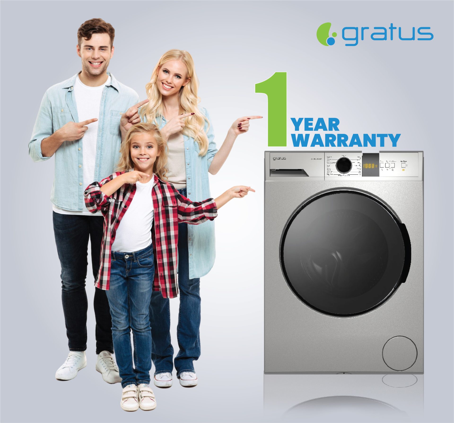 Gratus 8 KG Front Load Washing Machine 1400 RPM & 15 Programs, Digital Display, Inverter Motor, inox silver, 1 Year Full Warranty, Model - WFD8502WEVTX