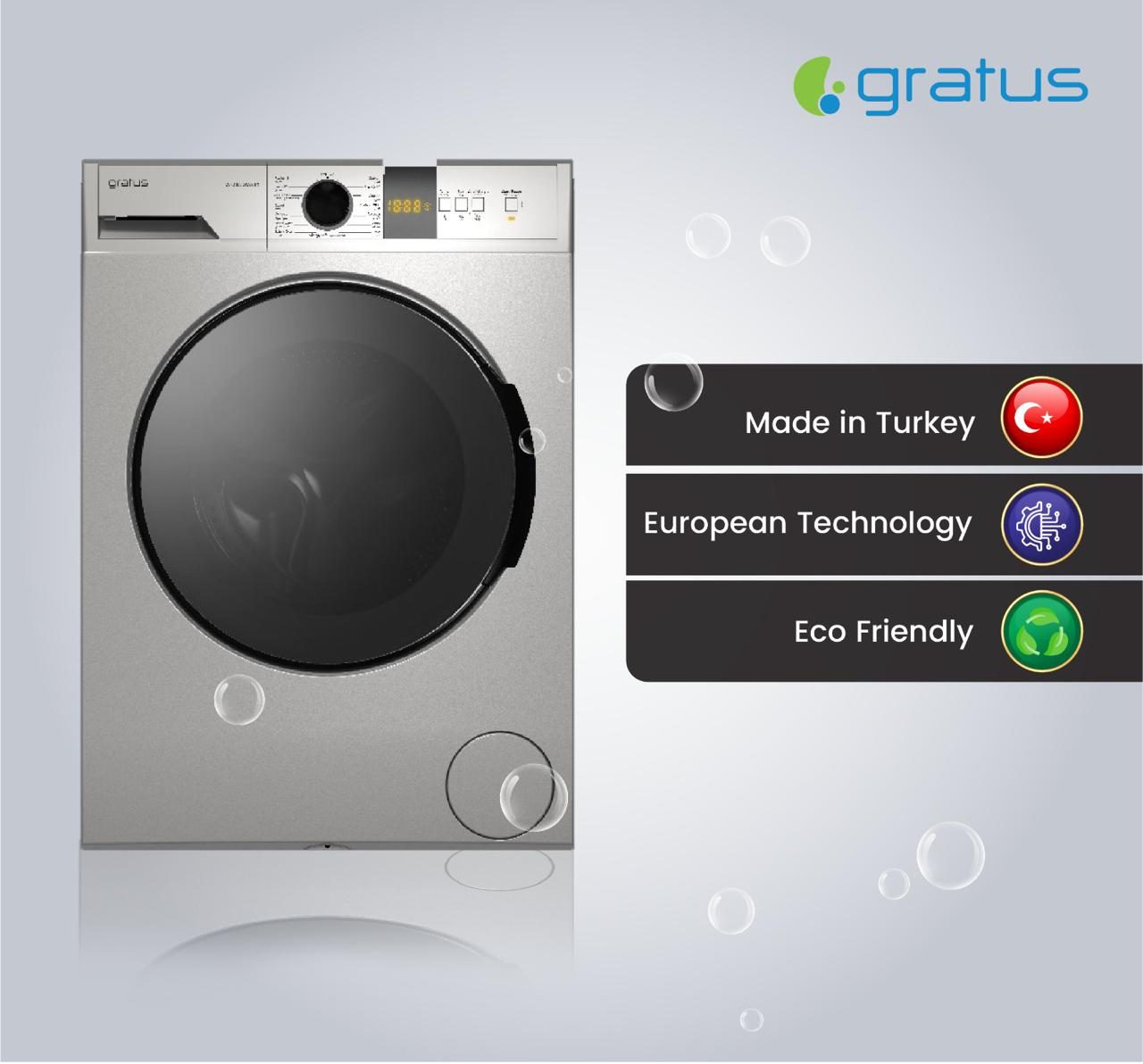 Gratus 8 KG Front Load Washing Machine 1400 RPM & 15 Programs, Digital Display, Inverter Motor, inox silver, 1 Year Full Warranty, Model - WFD8502WEVTX