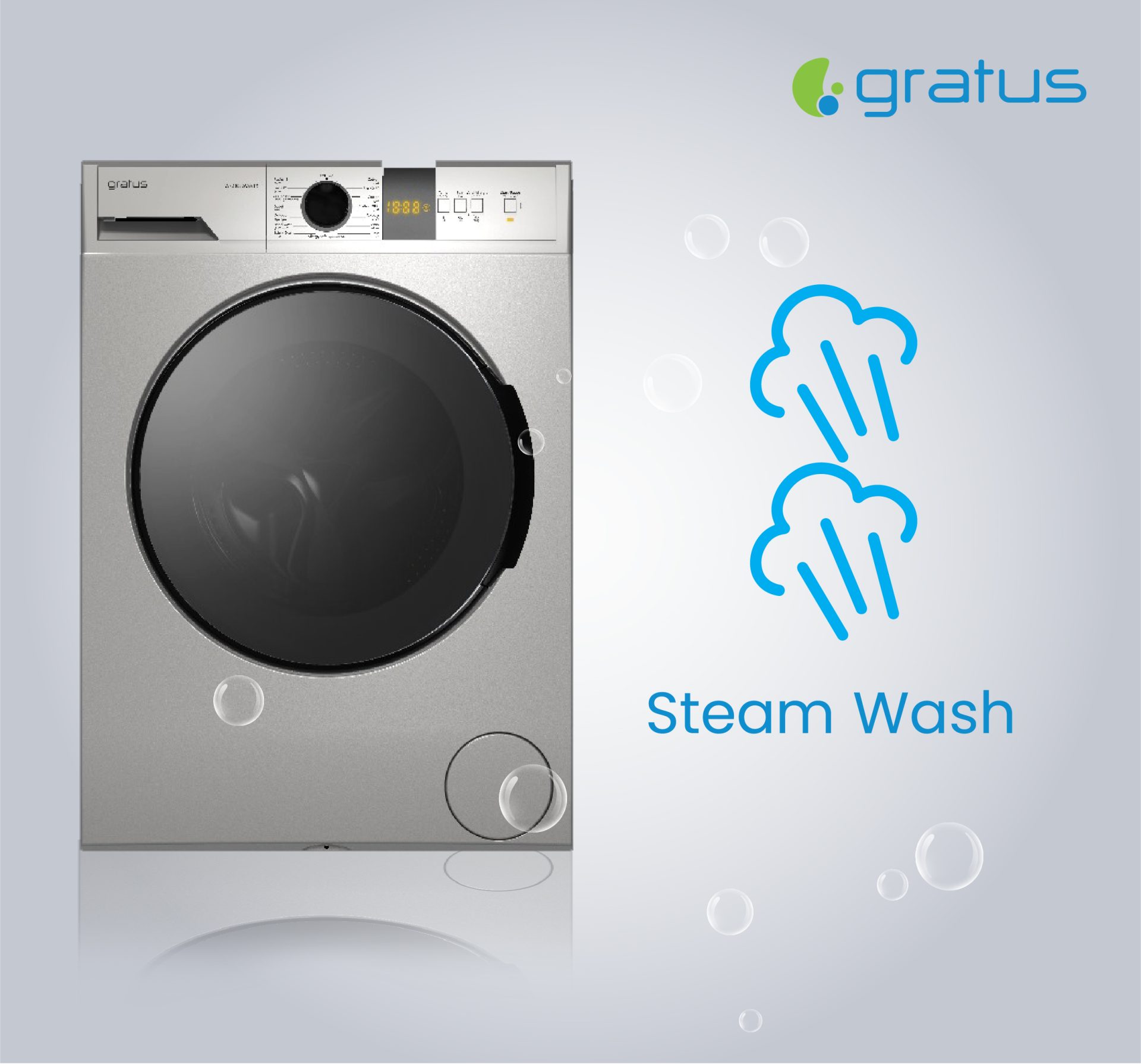 Gratus 8 KG Front Load Washing Machine 1400 RPM & 15 Programs, Digital Display, Inverter Motor, inox silver, 1 Year Full Warranty, Model - WFD8502WEVTX