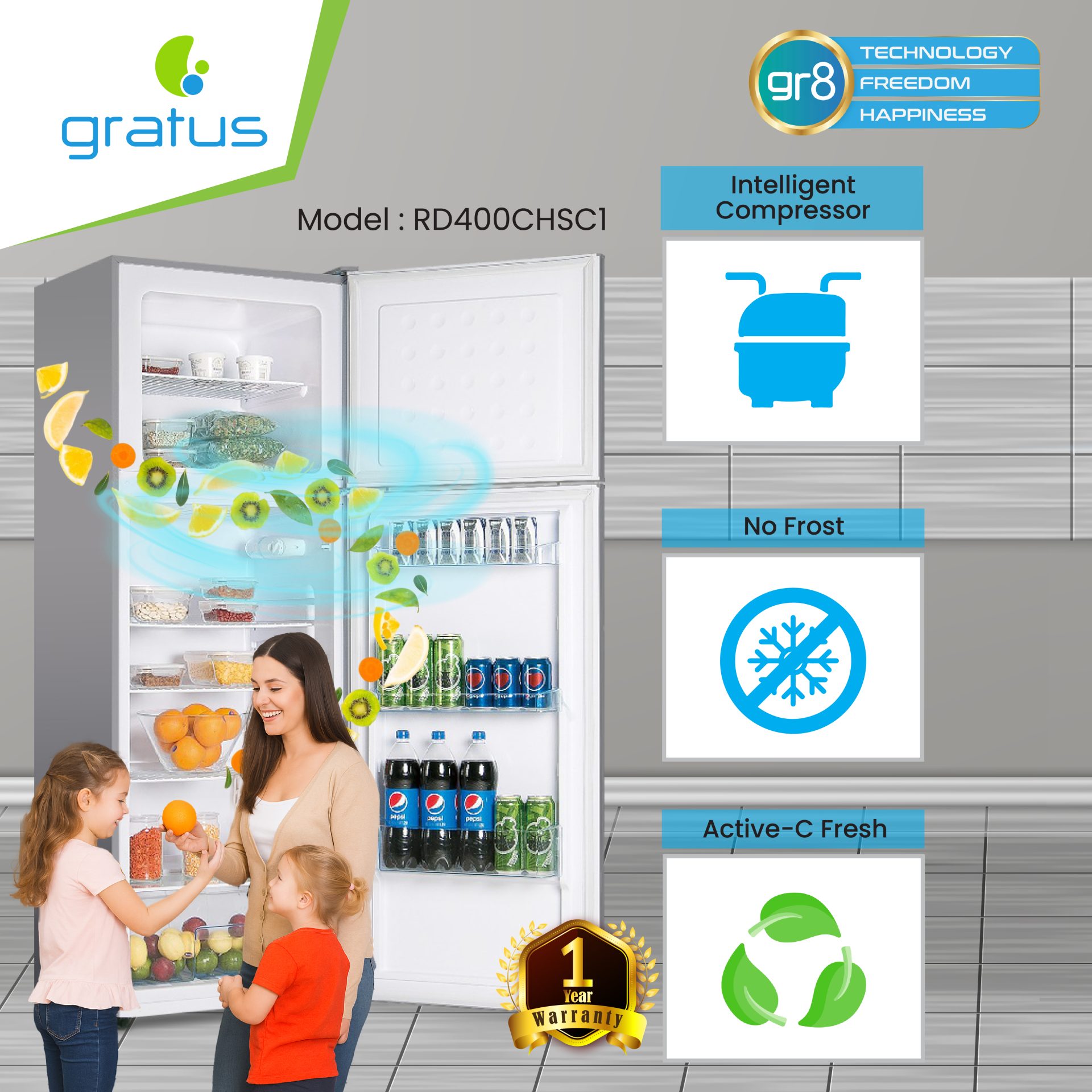 Gratus RD400CHSC1 Top Mount Double Door Refrigerator with Humidity Control, Active-C Fresh, Multi-Air Flow, Inox Finish