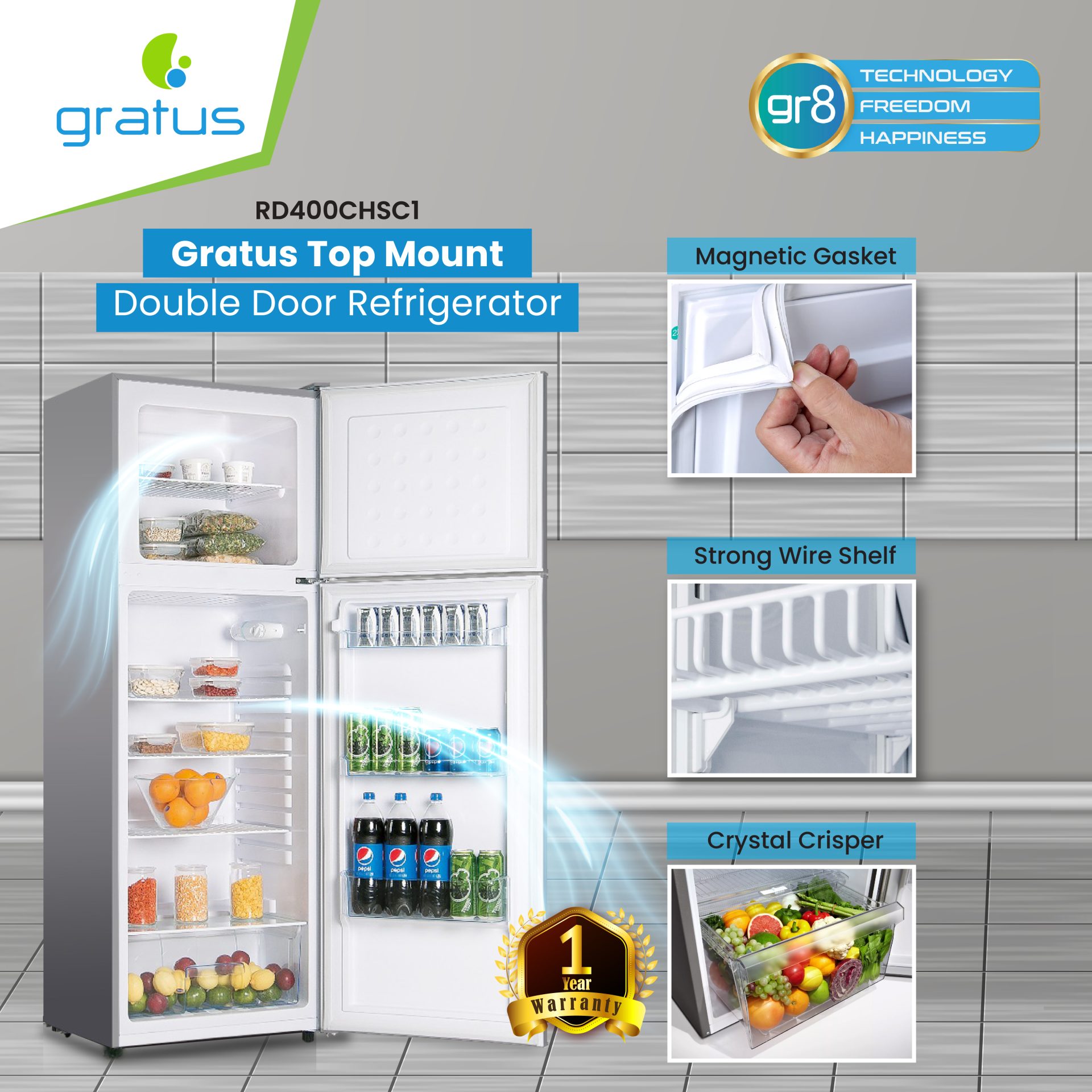 Gratus RD400CHSC1 Top Mount Double Door Refrigerator with Humidity Control, Active-C Fresh, Multi-Air Flow, Inox Finish
