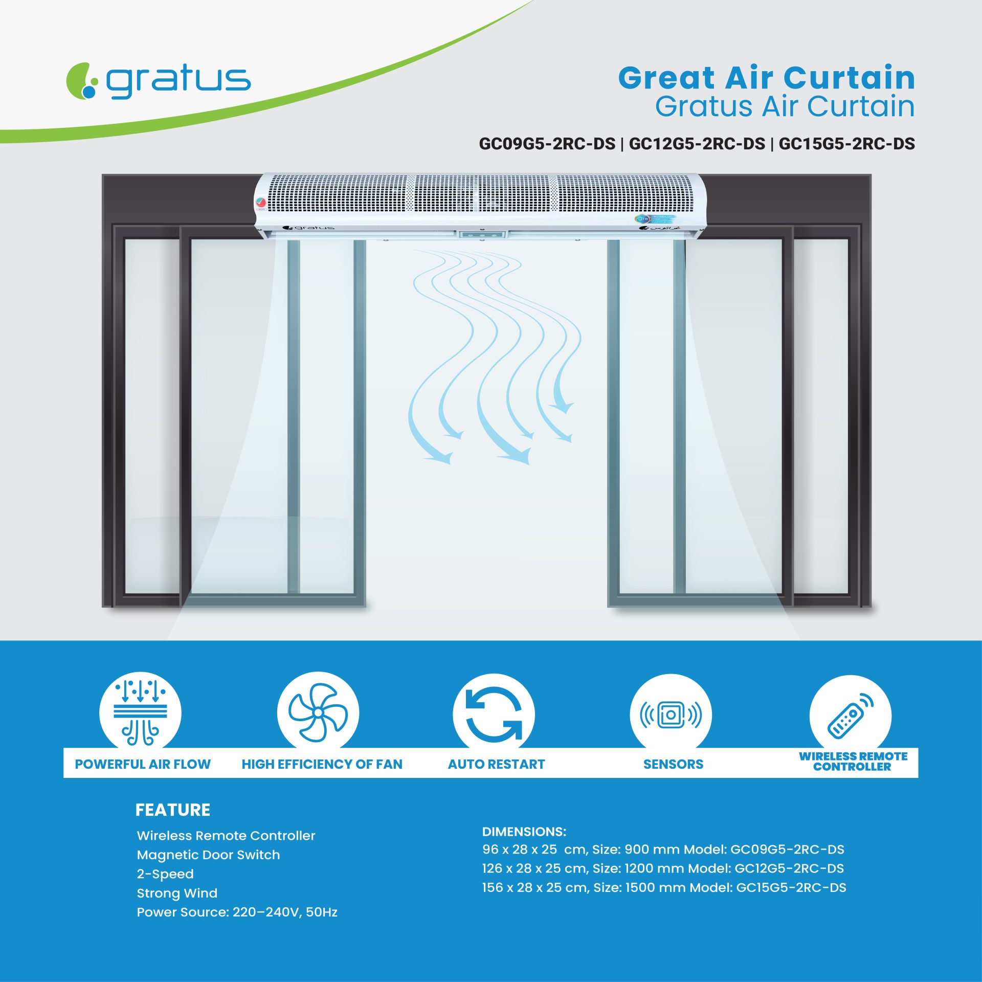 Gratus Air Curtains 150 cm Cross Flow Type, with Remote controller & Sensor, and Door magnetic switch, Made in China, Model- GC15G5-2RC-DS