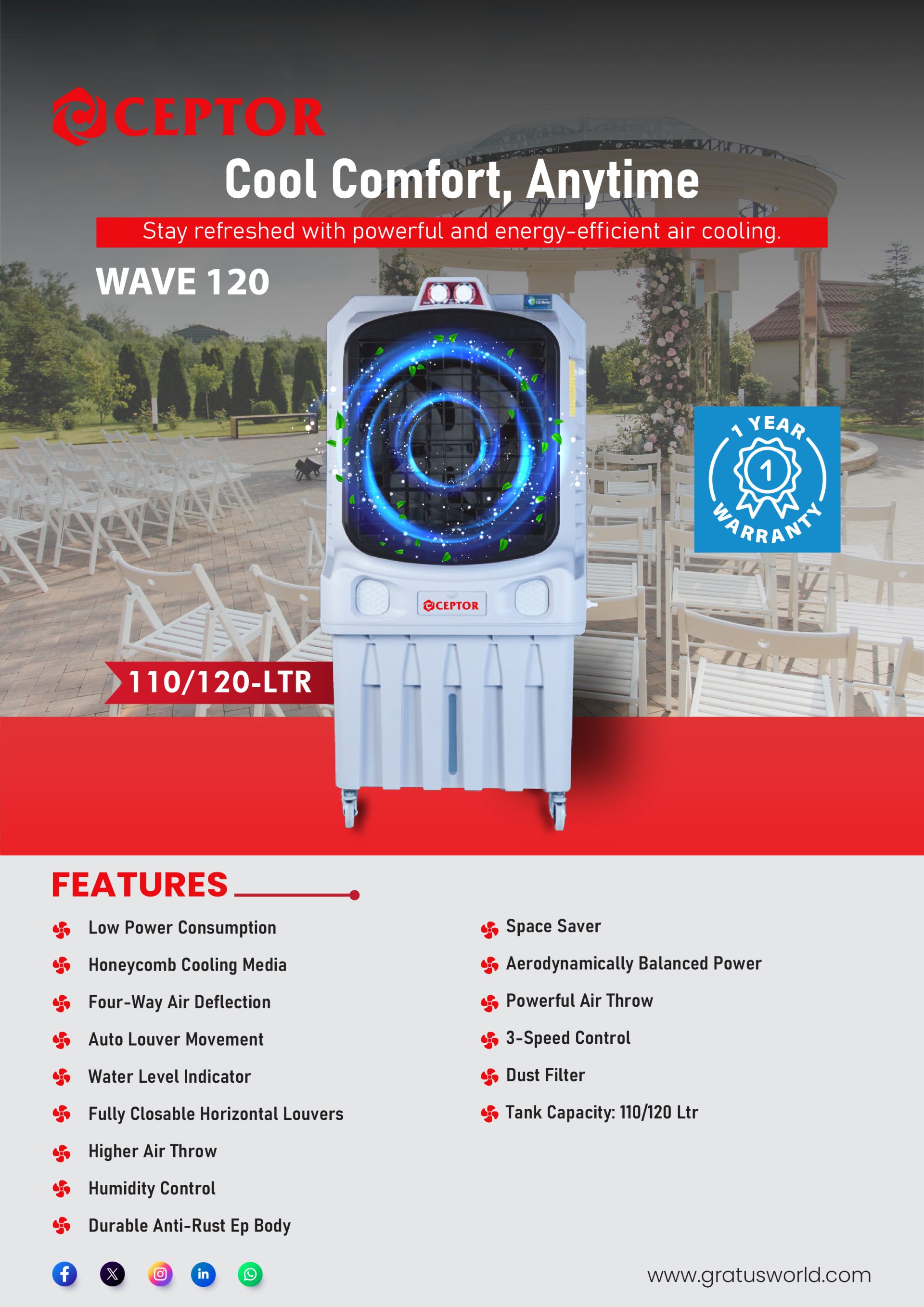 The Wave120 110 Ltrs SUPER DESERT COOLER with Powerful air delivery, Made in India, Model- WAVE120
