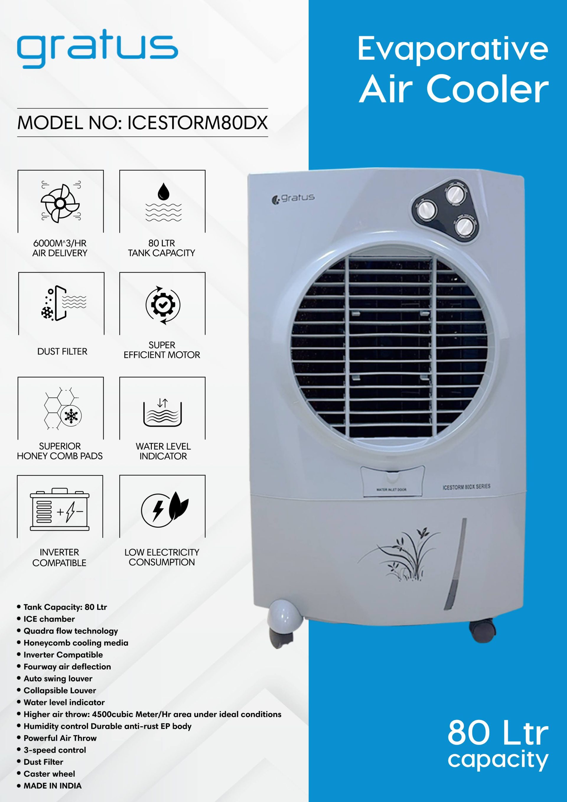 Gratus 80L Icestorm Deluxe Air Cooler with Four Way Air Deflection, Made in India, Model- ICESTORM80DX