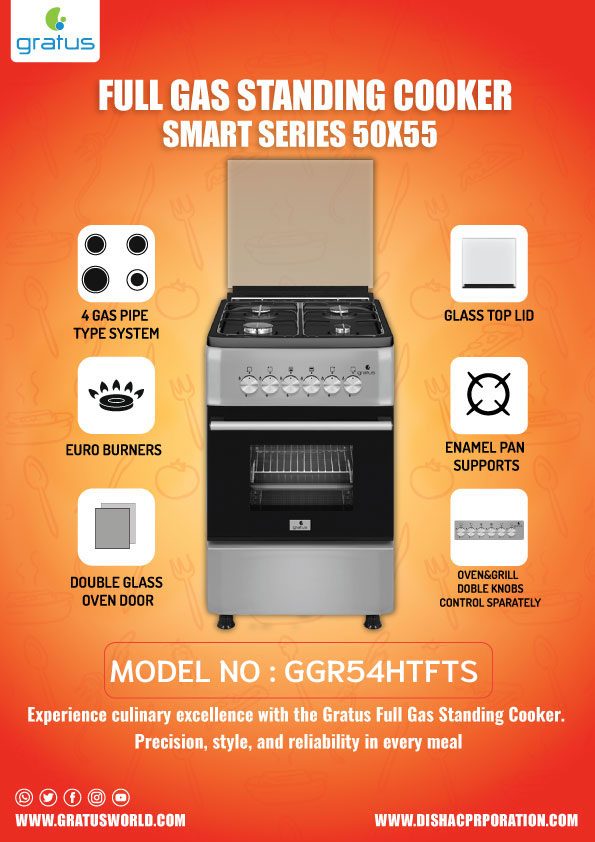Gratus 50×50 Free Standing Cooker with Two Euro Burners and 2 Hot Plate, Model- GGR54HTFTS