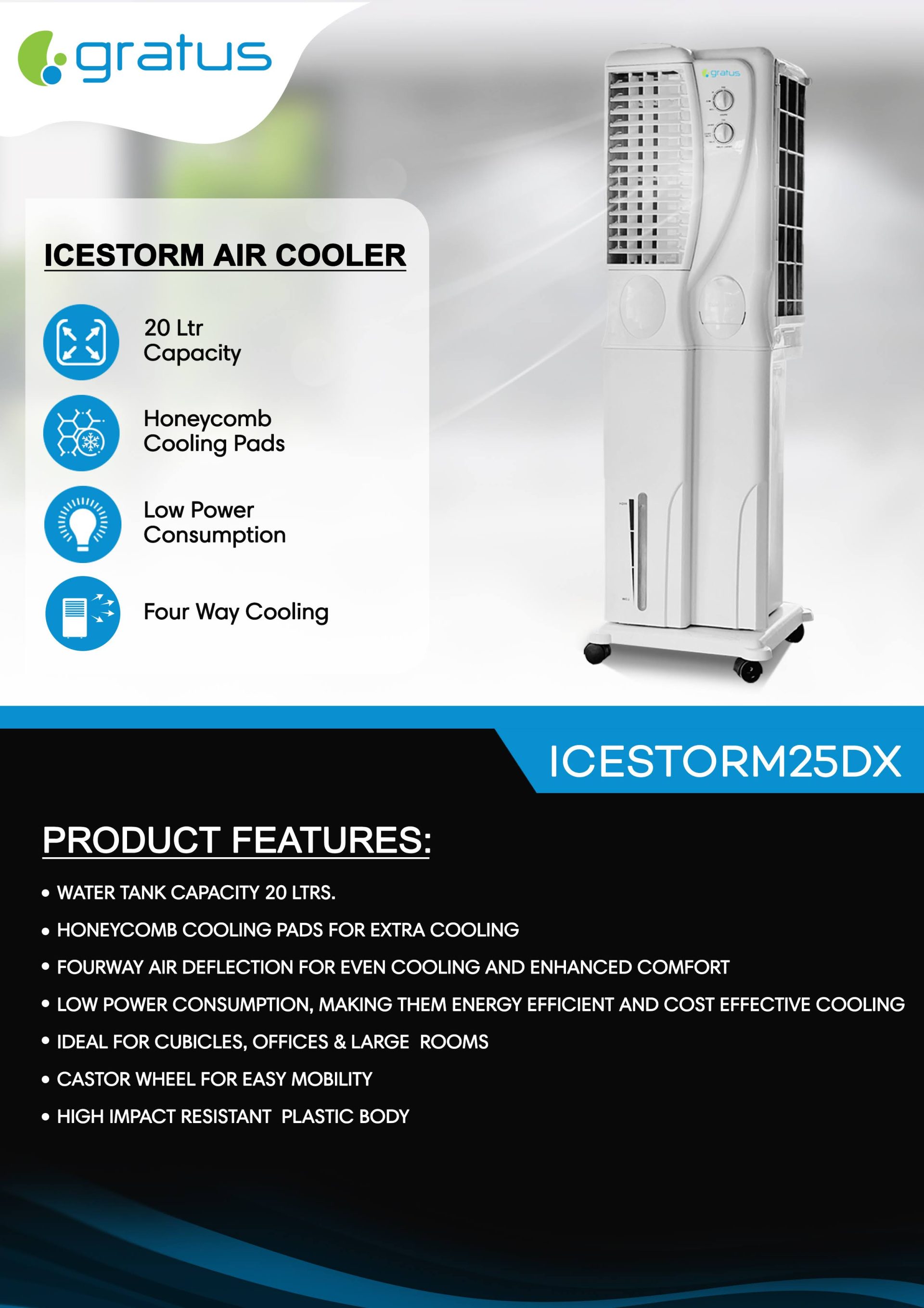 Gratus ICESTORM25DX Evaporative Air Cooler with Four Way Air Deflection, Made in India, Model- ICESTORM25DX