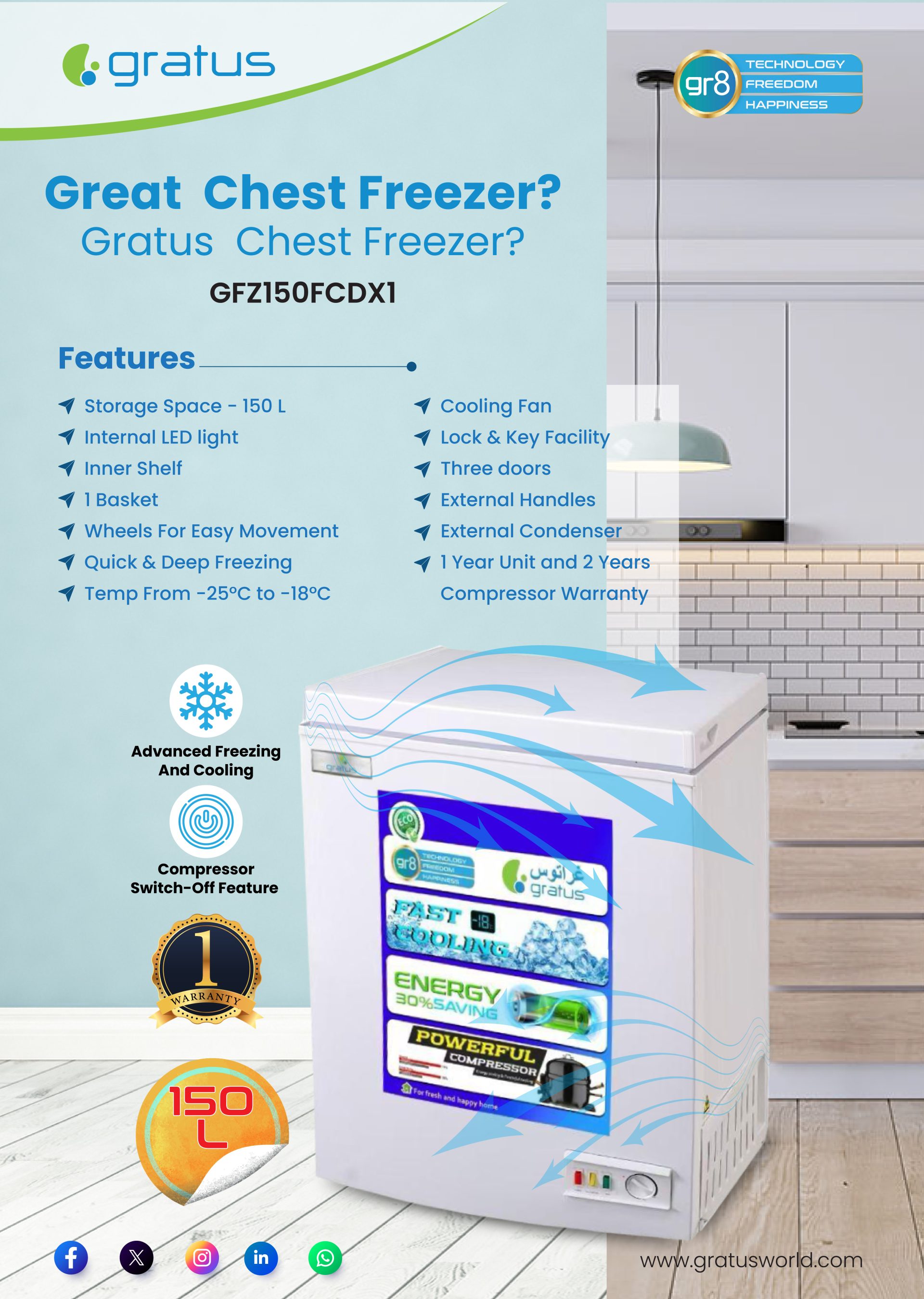 Gratus 150 L Single Door Tropicalized Chest Freezer with External Handle, Inner shelf, Lock & Key, Internal LED, 1-year Unit and 2-years compressor warranty, Model- GFZ150FCDX1