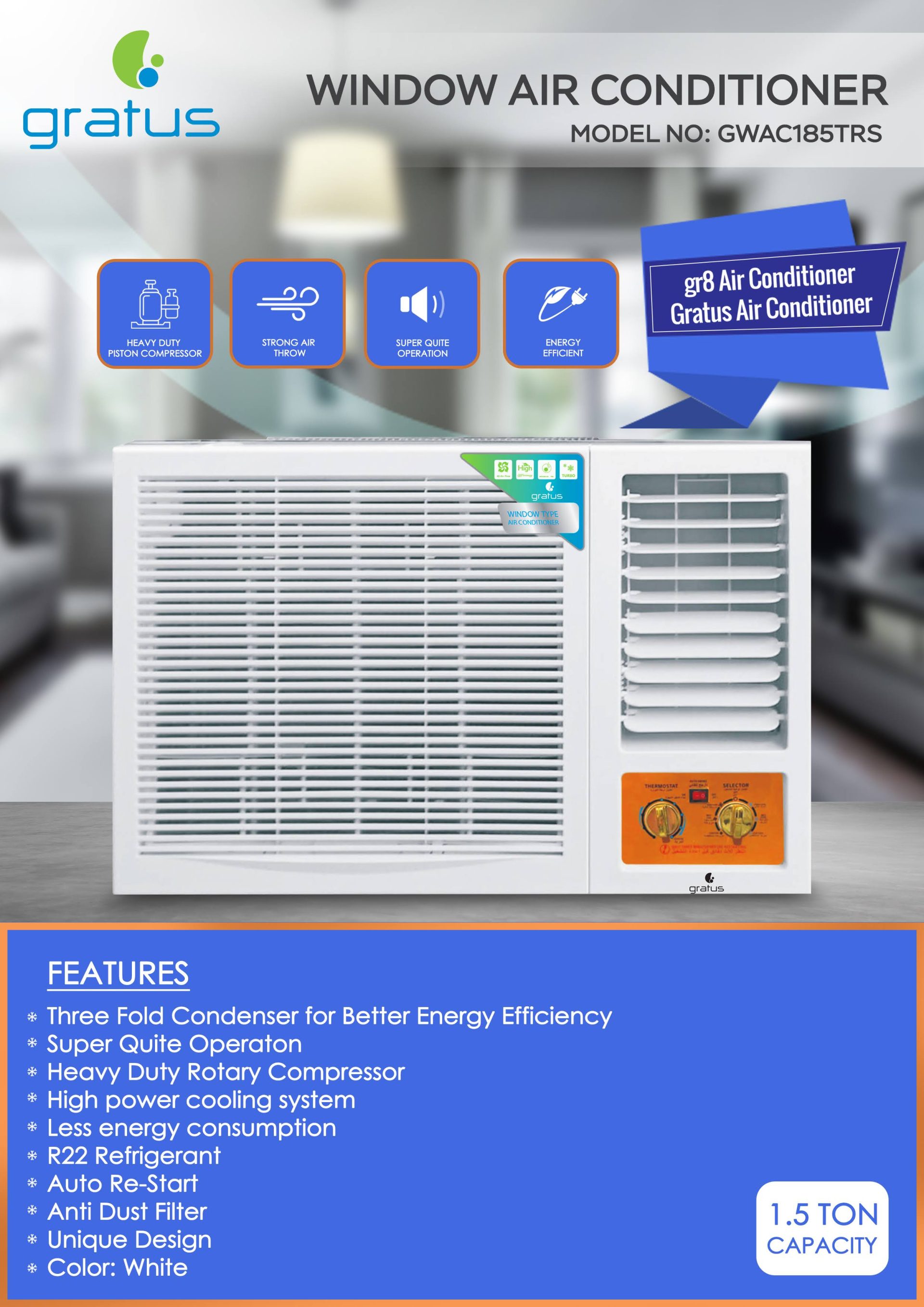 Gratus 2 Ton Window Air Conditioner | Heavy-Duty Rotary Compressor | R410A Refrigerant | GWAC245TRS