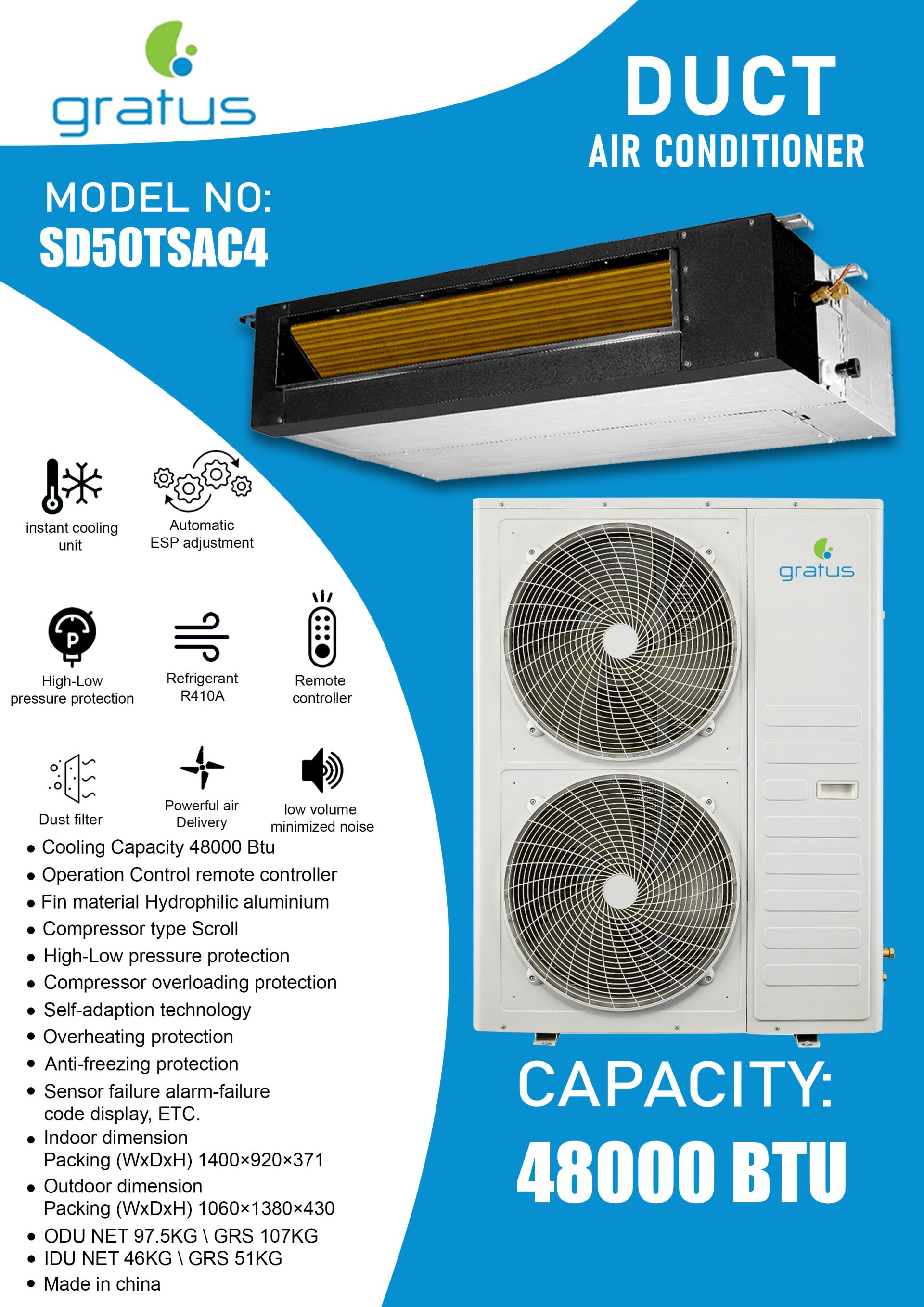 Gratus 4 Ton Duct Type Air Conditioner | T3 Scroll Compressor | Heavy Duty Cooling | SD50TSAC4