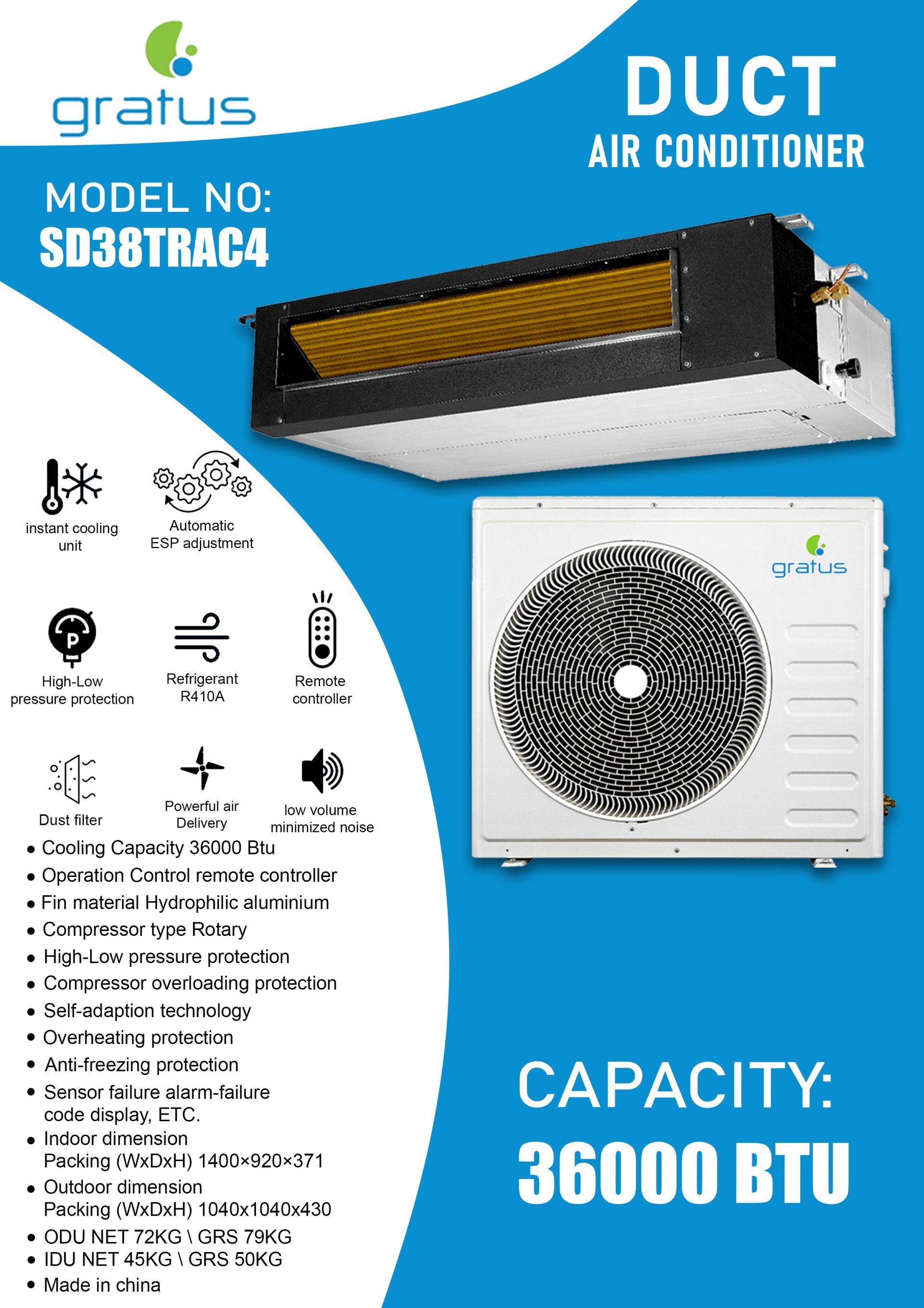 Gratus 3 Ton Duct Type Air Conditioner | T3 Tropicalized | Heavy-Duty Cooling | SD38TRAC4