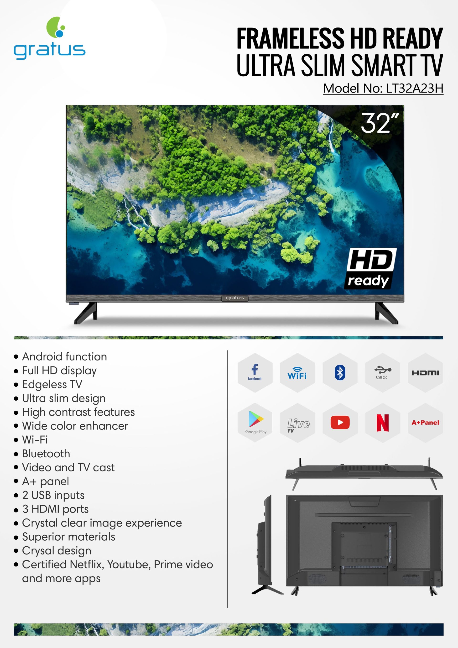 Gratus 32" Edgeless HD ready LED Smart TV, DVB T2/S2 Built-in receiver, Android 12, 2 USB, 3 HDMI, High Resolution, Superior Sound, Model- LT32A23H
