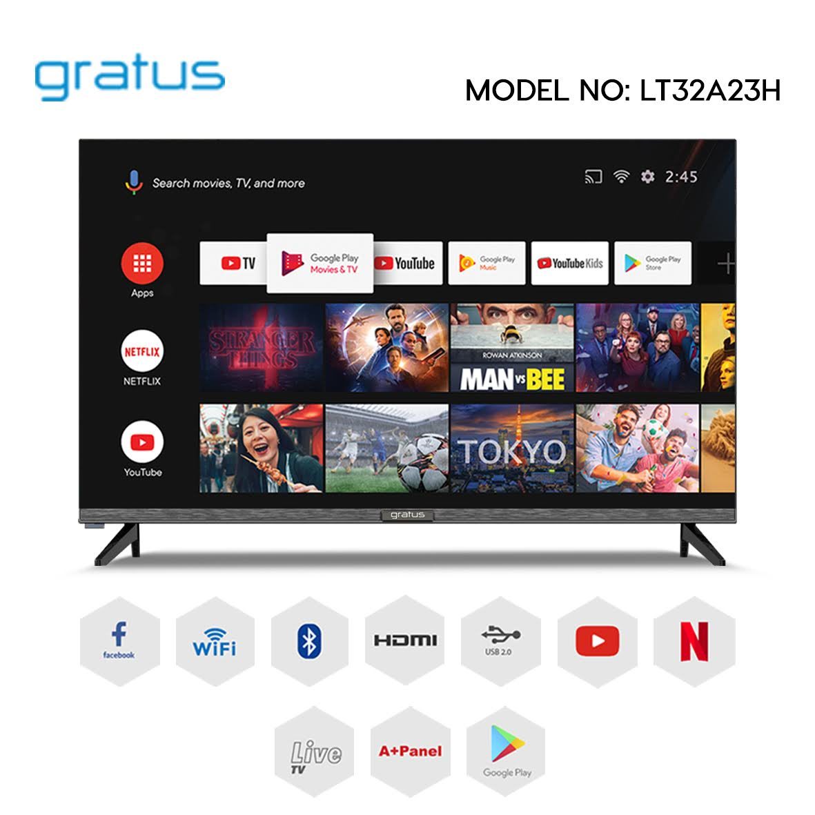 Gratus 32" Edgeless HD ready LED Smart TV, DVB T2/S2 Built-in receiver, Android 12, 2 USB, 3 HDMI, High Resolution, Superior Sound, Model- LT32A23H