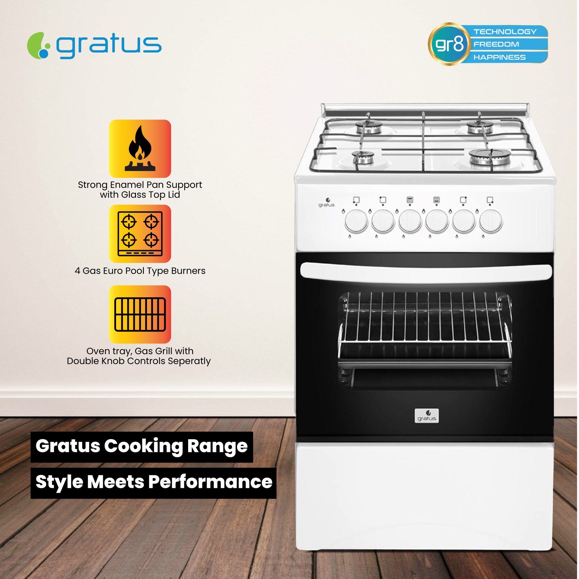 Gratus Classic Series 50×50 Full Gas Free Standing Cooker with Euro Burners, Model- GGR54FRTE