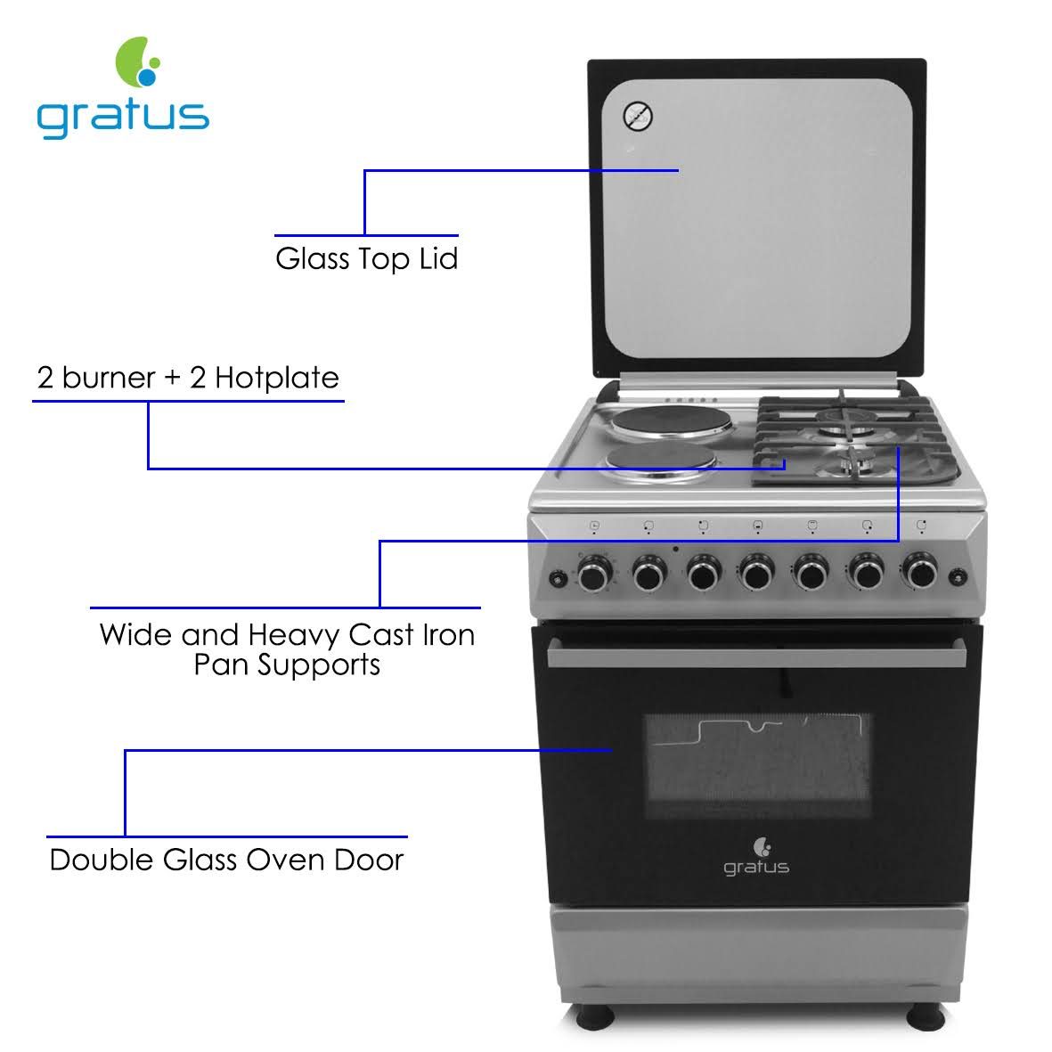Gratus 60×60  Free Standing Gas Cooker with 2 burner+ 2Hotplate; Turbo Fan, Double safety, Commercial Cast Iron, Euro Burners, Model- FCRH622KTSS1