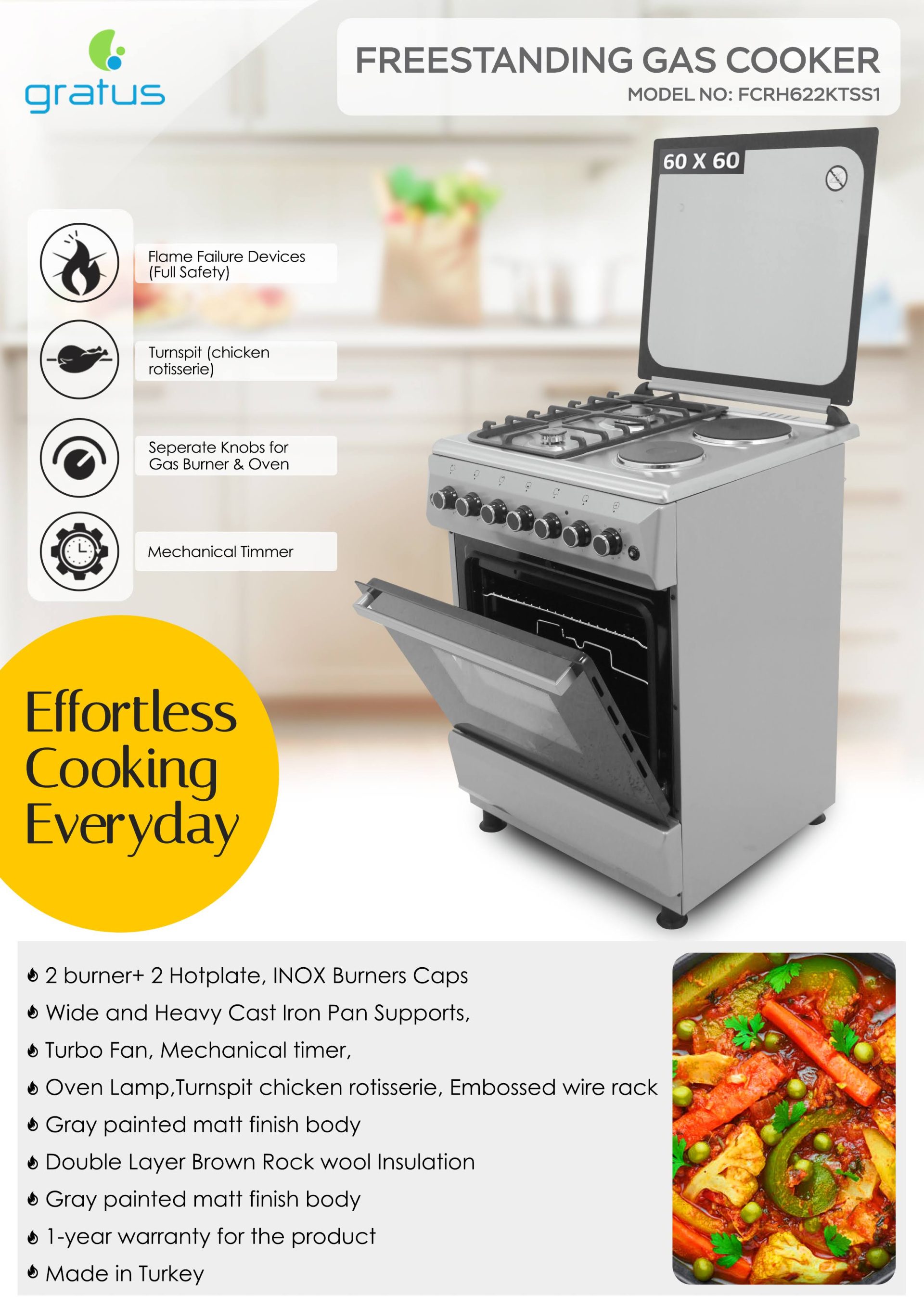 Gratus 60×60  Free Standing Gas Cooker with 2 burner+ 2Hotplate; Turbo Fan, Double safety, Commercial Cast Iron, Euro Burners, Model- FCRH622KTSS1