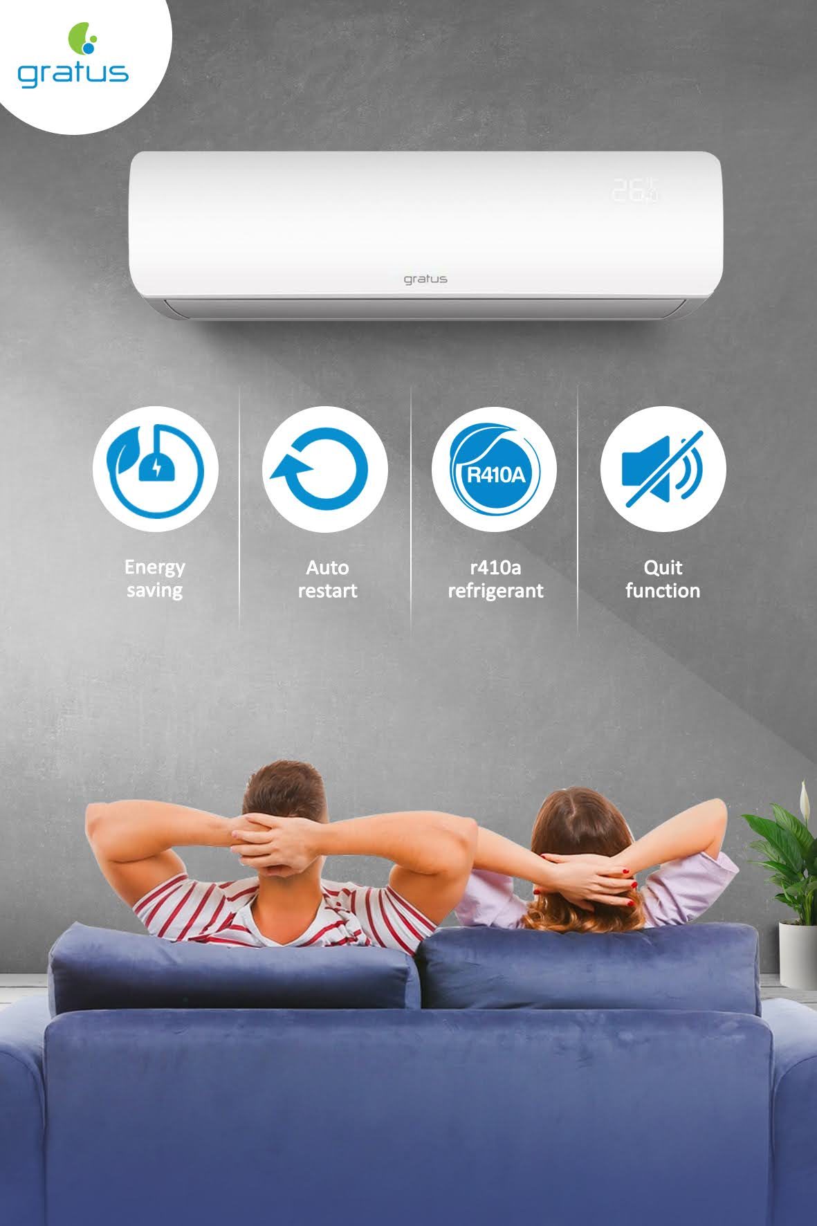 GRATUS 1 Ton 4 Way  Split Air Conditioner Rotary Type with Smart Function, R410a GAS, Model- GSCAC121SC